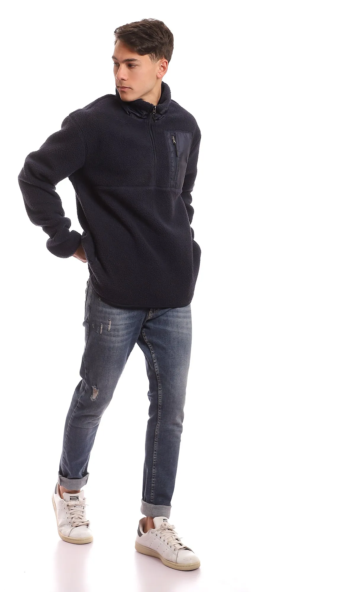 96166 Sherpa Zipped Neck Navy Blue Coziness Sweater