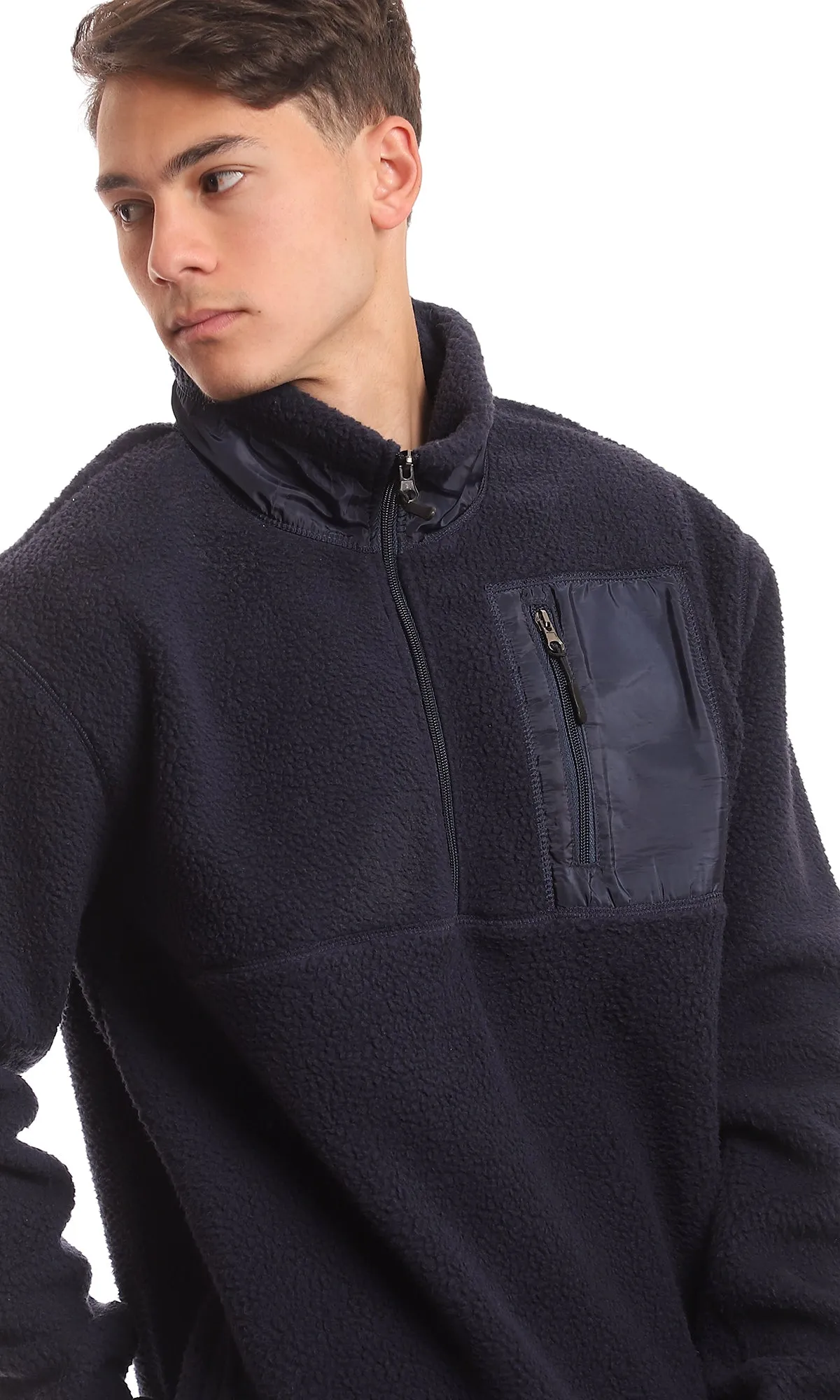 96166 Sherpa Zipped Neck Navy Blue Coziness Sweater