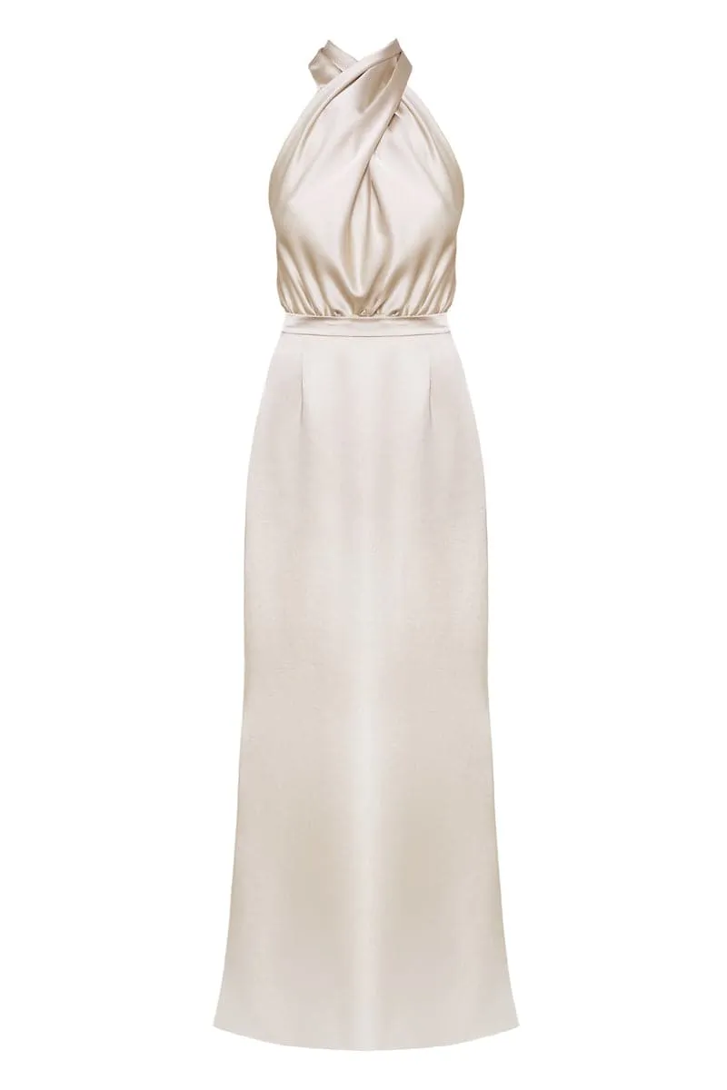 ALIUR CHAMPAGNE HALTER NECK EVENING DRESS