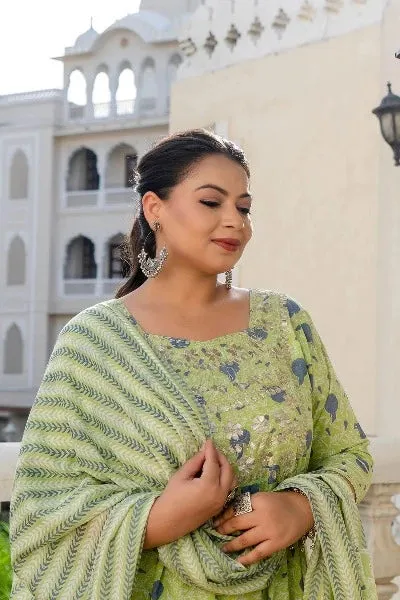 Anarkali Plus Size Pistachio Green Kurti Dupatta Set of 2