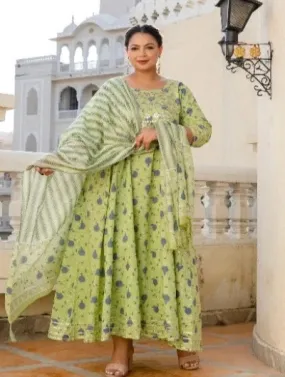 Anarkali Plus Size Pistachio Green Kurti Dupatta Set of 2