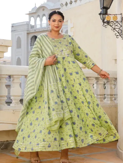 Anarkali Plus Size Pistachio Green Kurti Dupatta Set of 2