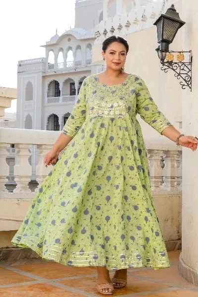 Anarkali Plus Size Pistachio Green Kurti Dupatta Set of 2