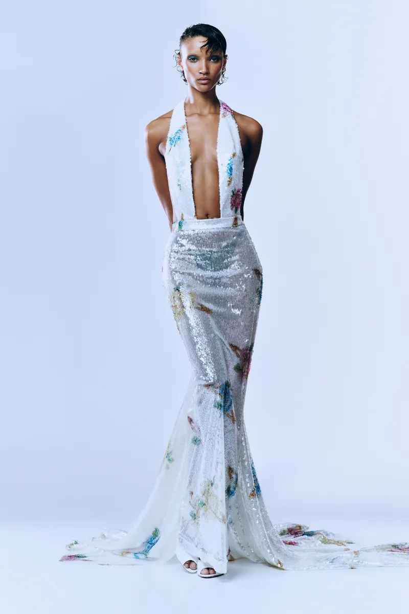 BACKLESS SEQUIN MAXI DRESS WITH TRAIN