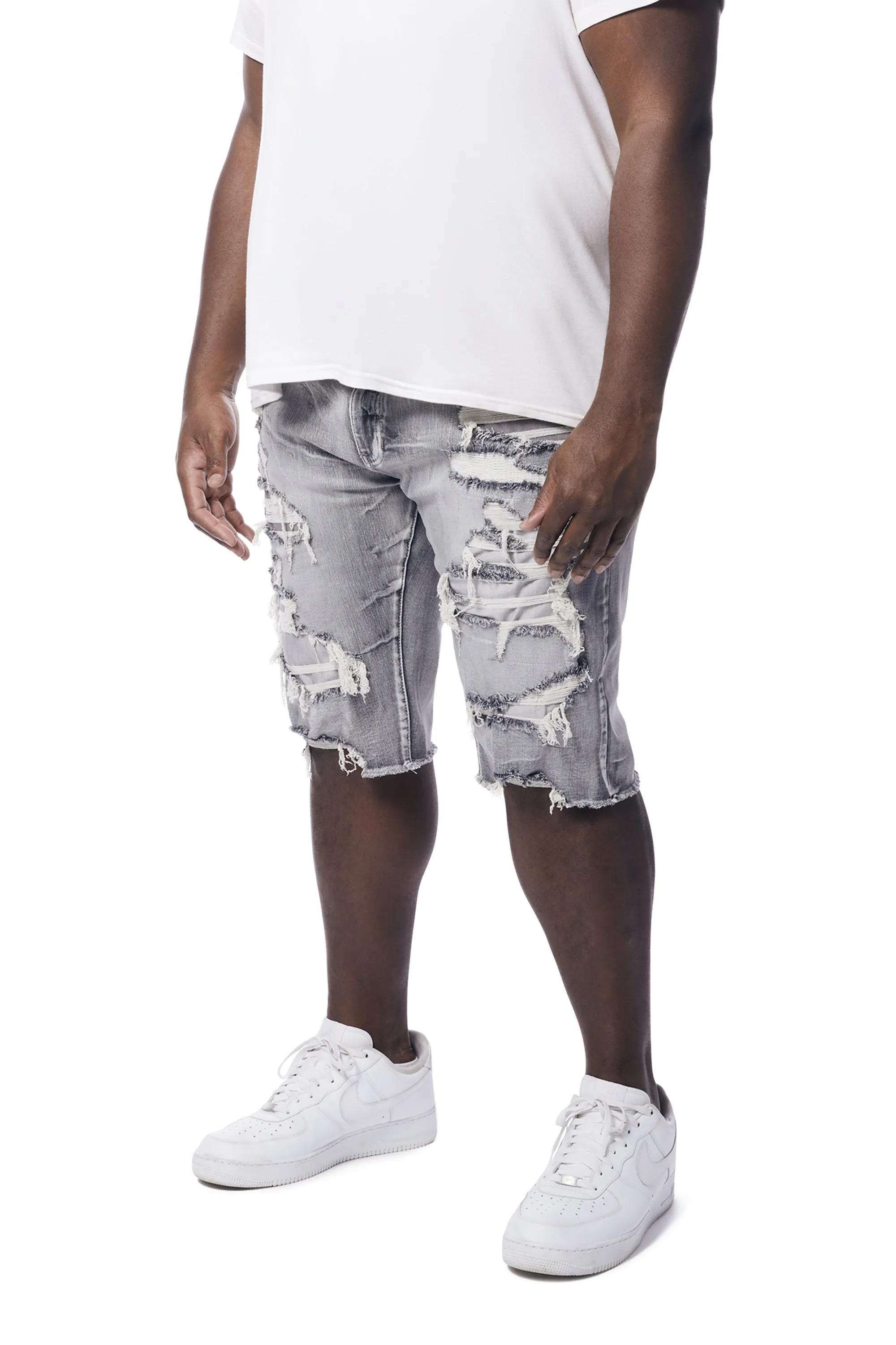 Big and Tall - Distressed Rip & Repair Jean Shorts - Union Grey