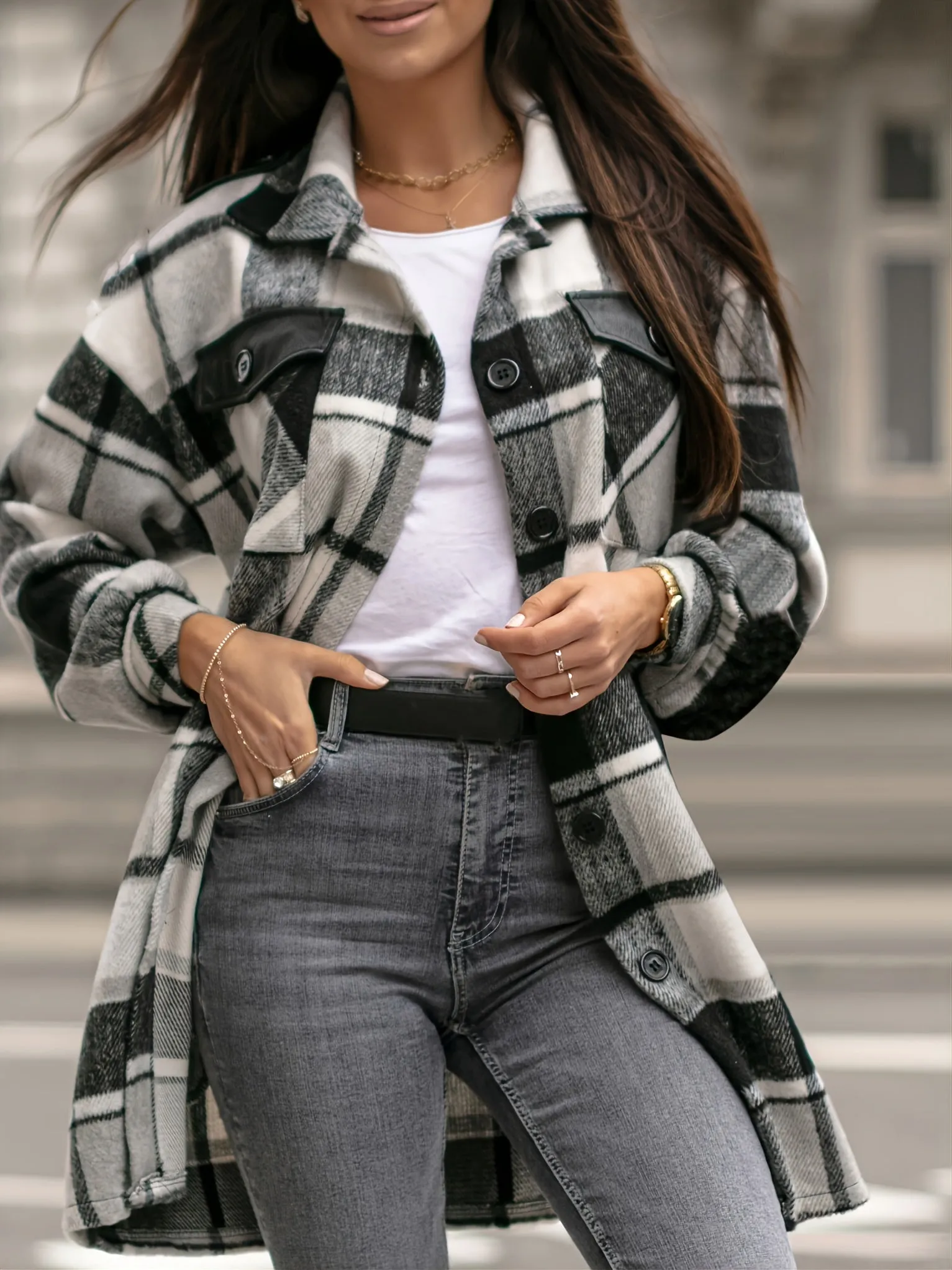 Black Plaid Shirt Long Sleeve Button Up Casual Plaid Jacket