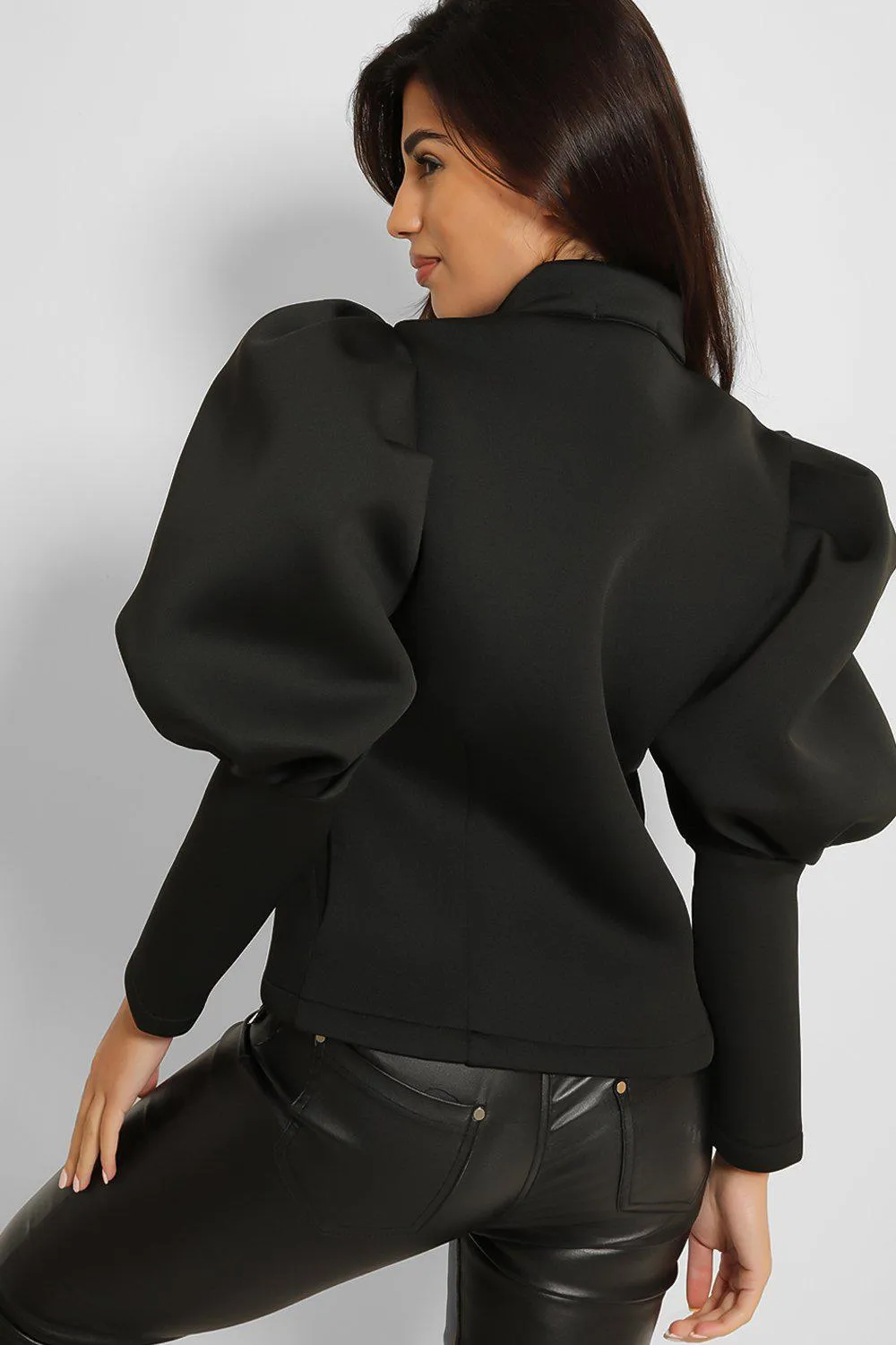 Black Scuba Puff Shoulder Zip Jacket