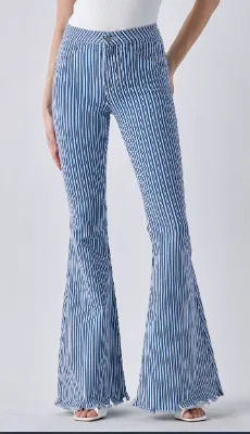 Cello Women's Stripe High Rise Flare Jean with Frayed Hem