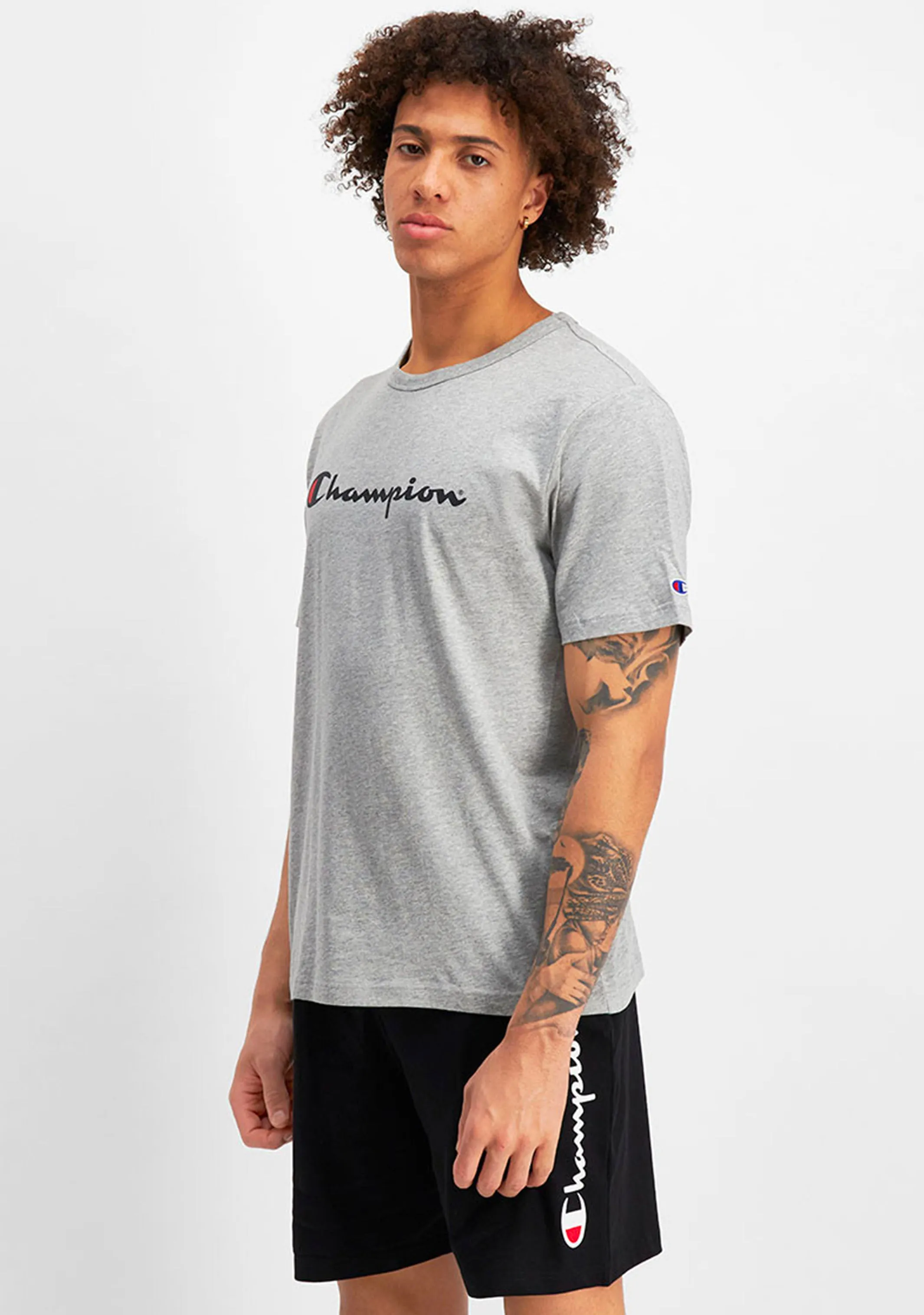 Champion Mens Script Logo Short Sleeve Tee Grey  <br> AXQPN A3R