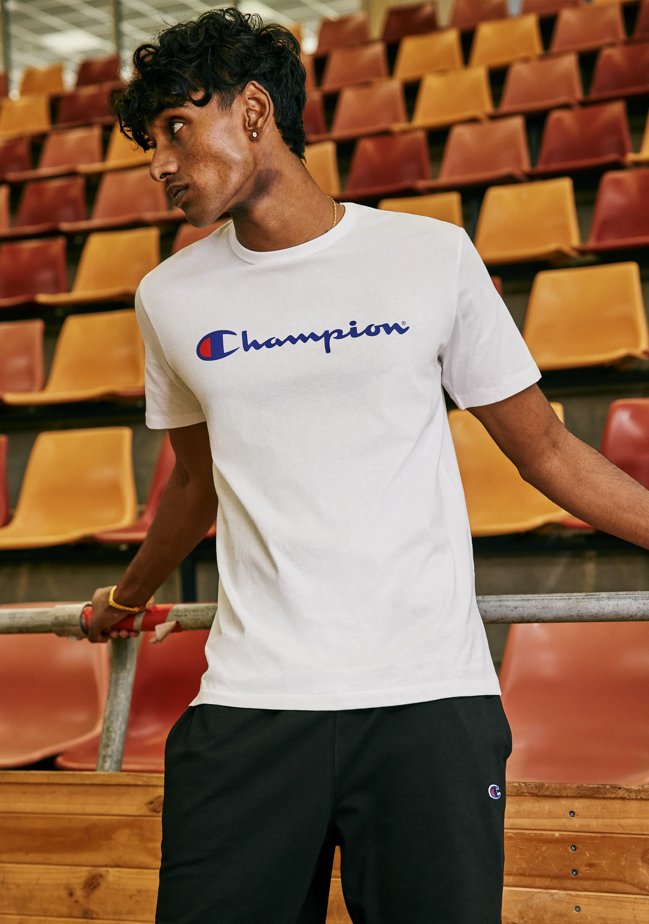 Champion Mens Script Logo Short Sleeve Tee White <br> AXQPN WIT