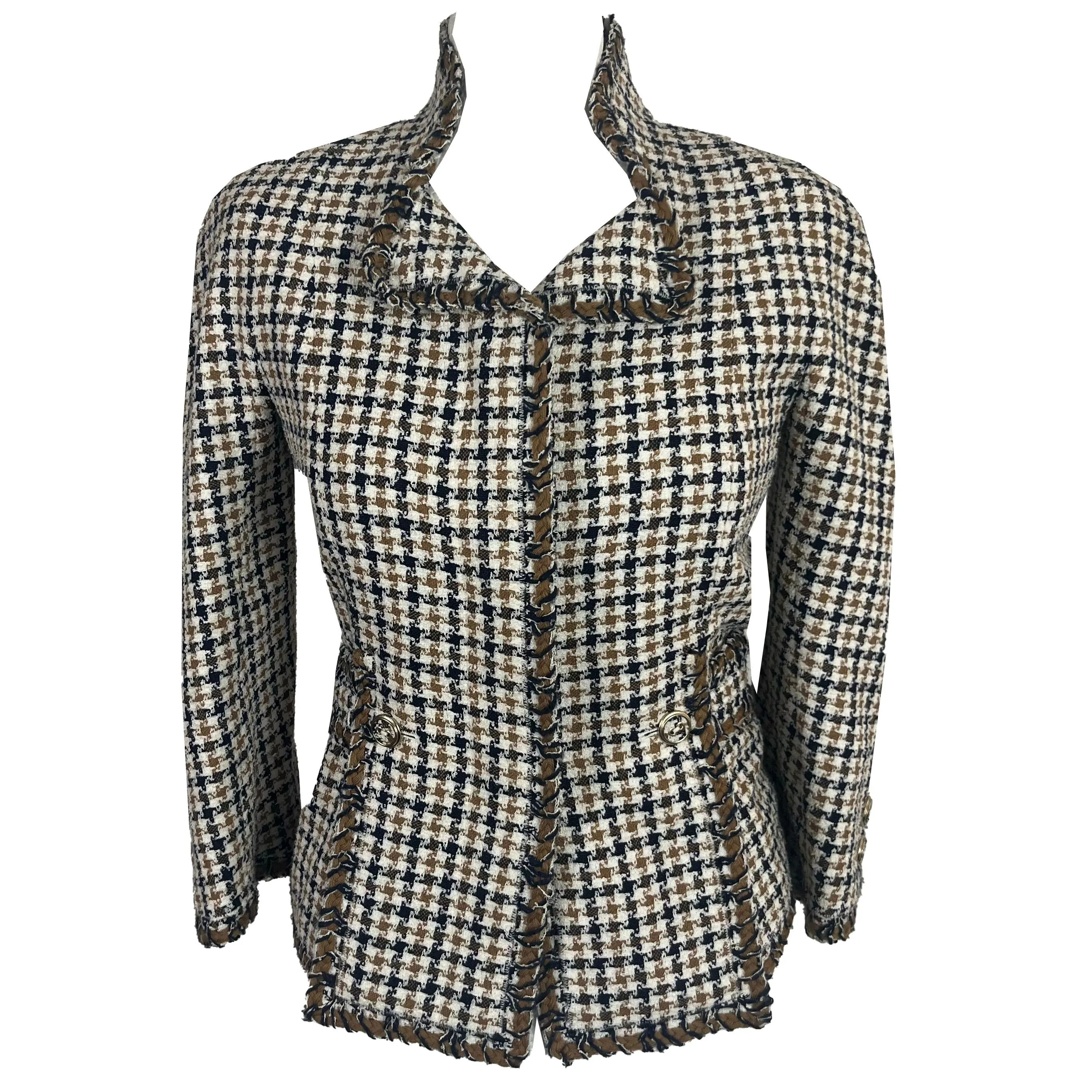 Chanel Ivory Camel & Black Check Jacket XXXS/XXS