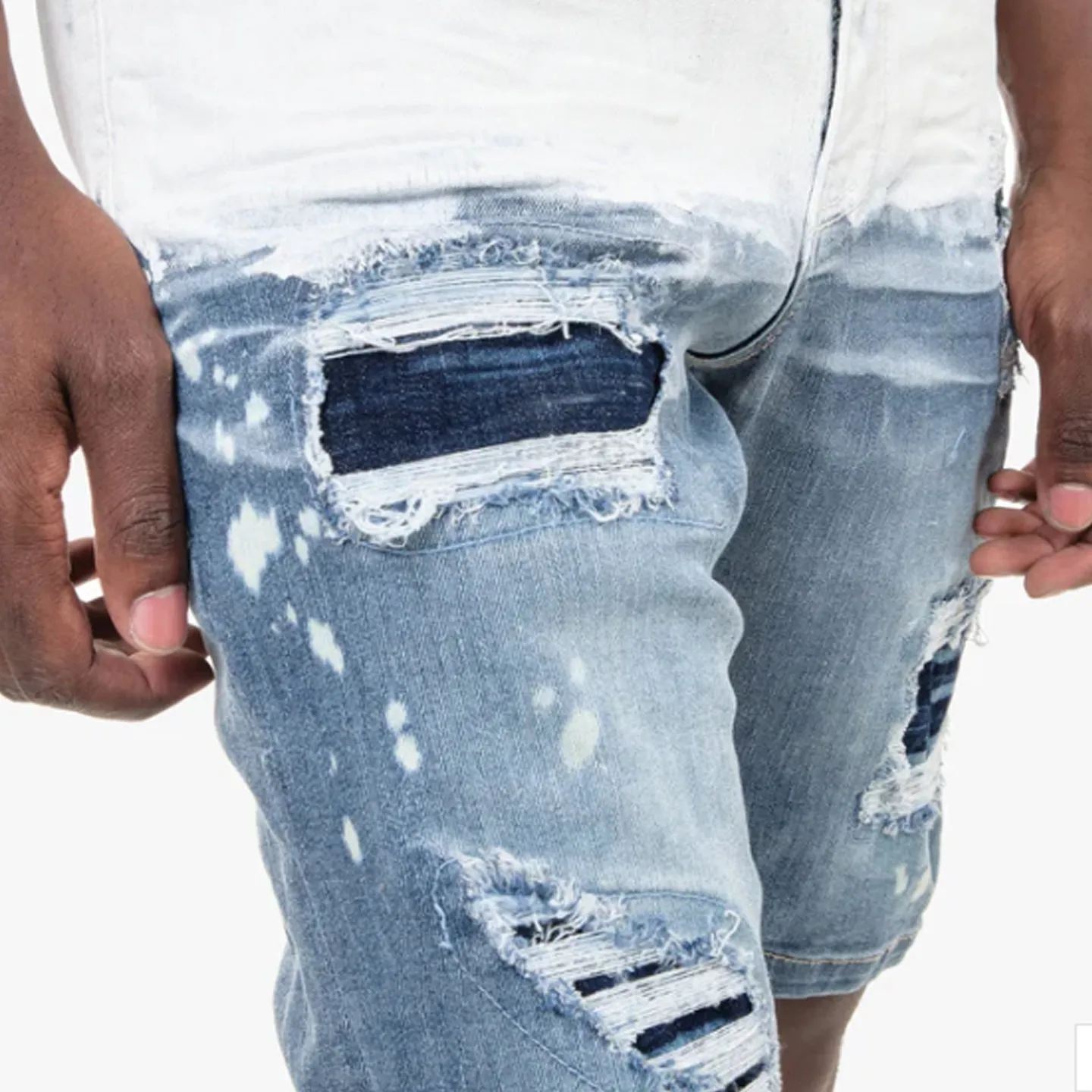 Copper Rivet Ripped Washed Jean Short (Light Sand Blue)