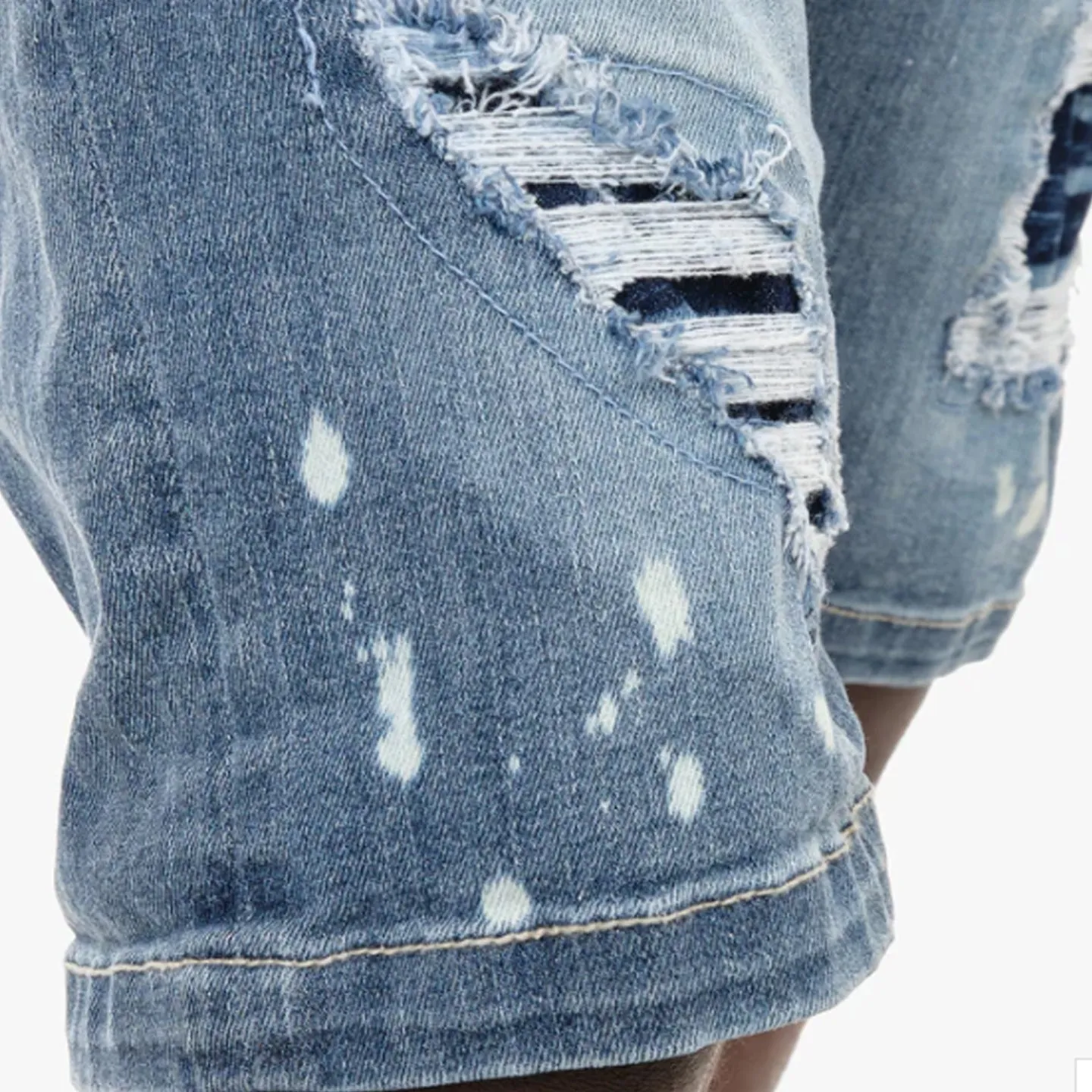 Copper Rivet Ripped Washed Jean Short (Light Sand Blue)