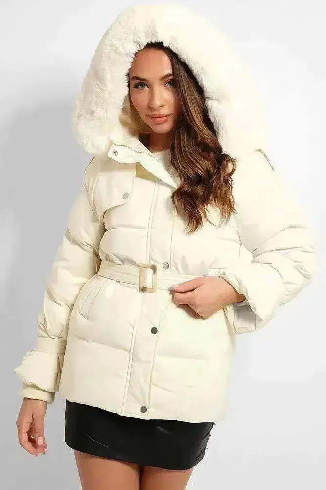 Cream Self-Tie Faux Fur Hood Puffer Jacket