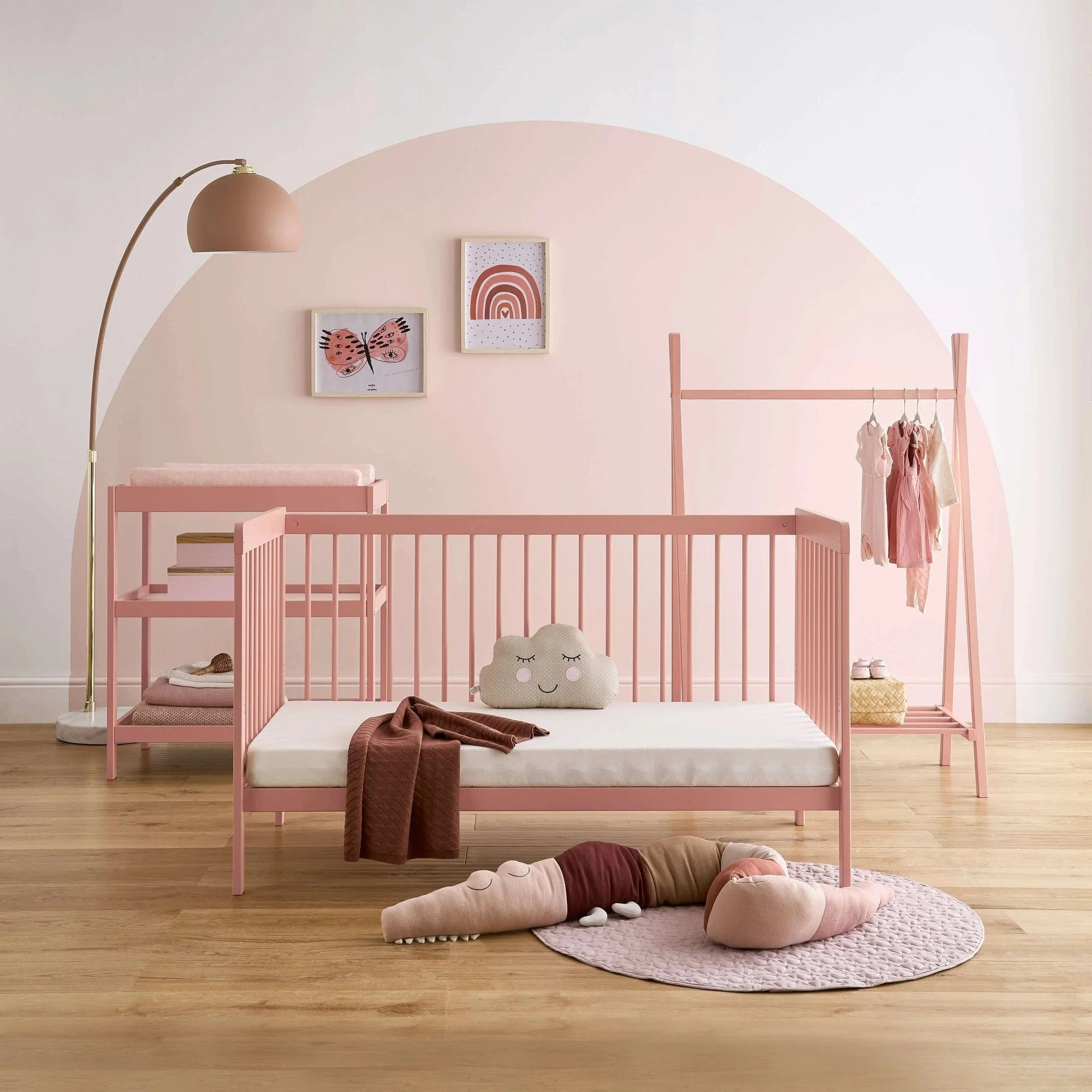 CuddleCo Nola 3pc Set Changer, Cot Bed and Clothes Rail - Soft Blush