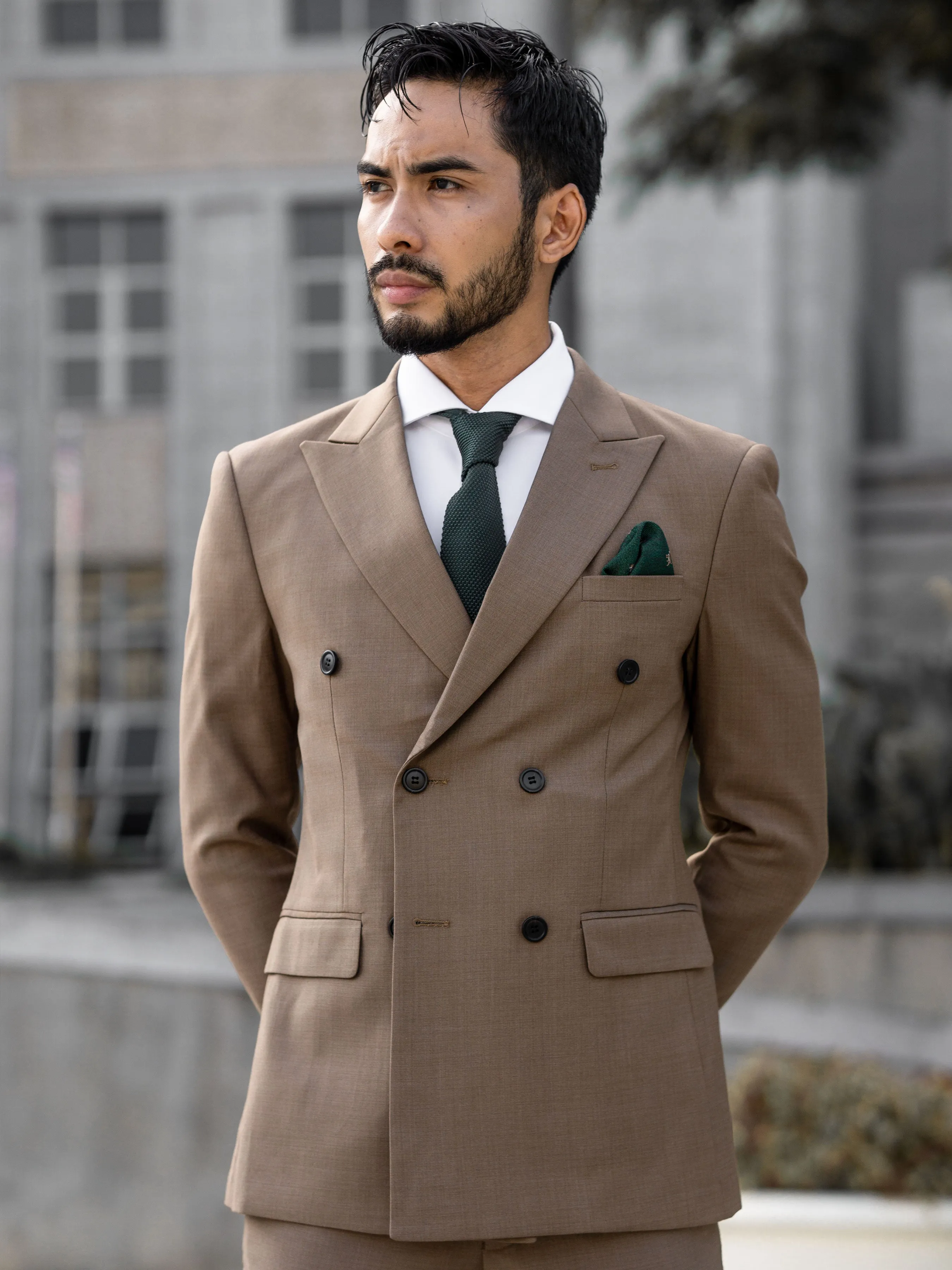 Double Breasted Suit Blazer - Khakis Plain (Peak Lapel)