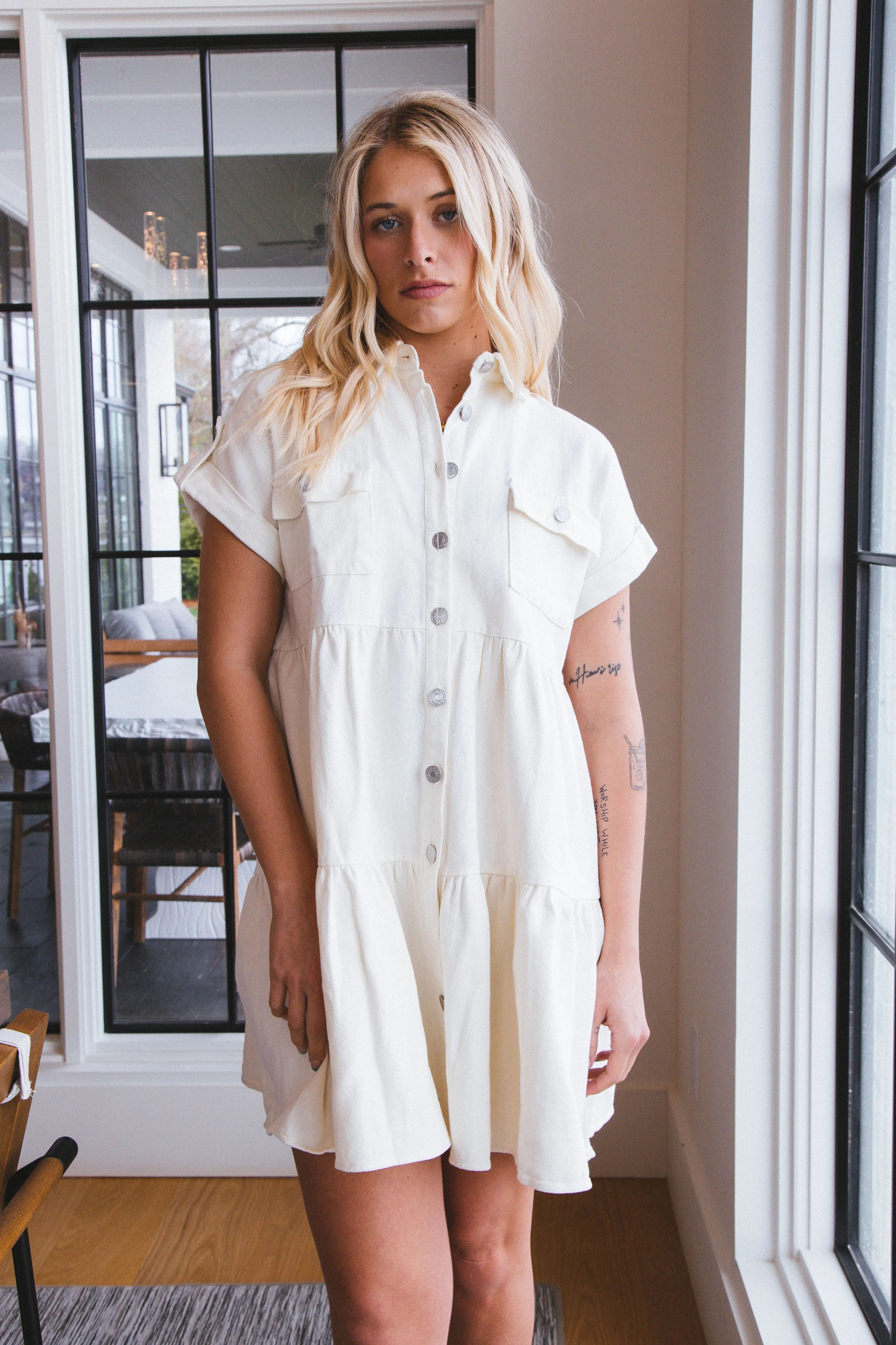 Faith Denim Button Up Dress, Off White