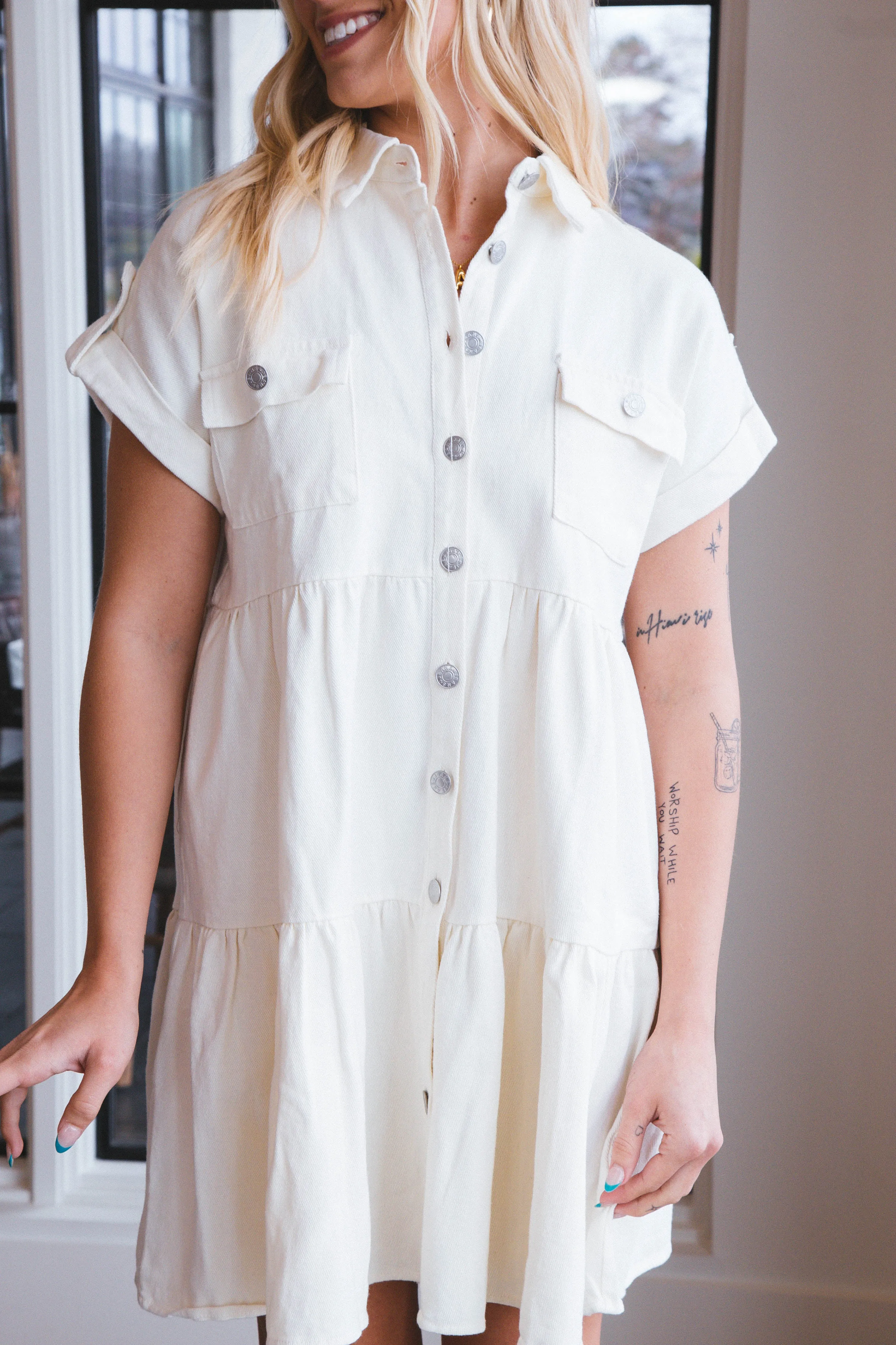 Faith Denim Button Up Dress, Off White