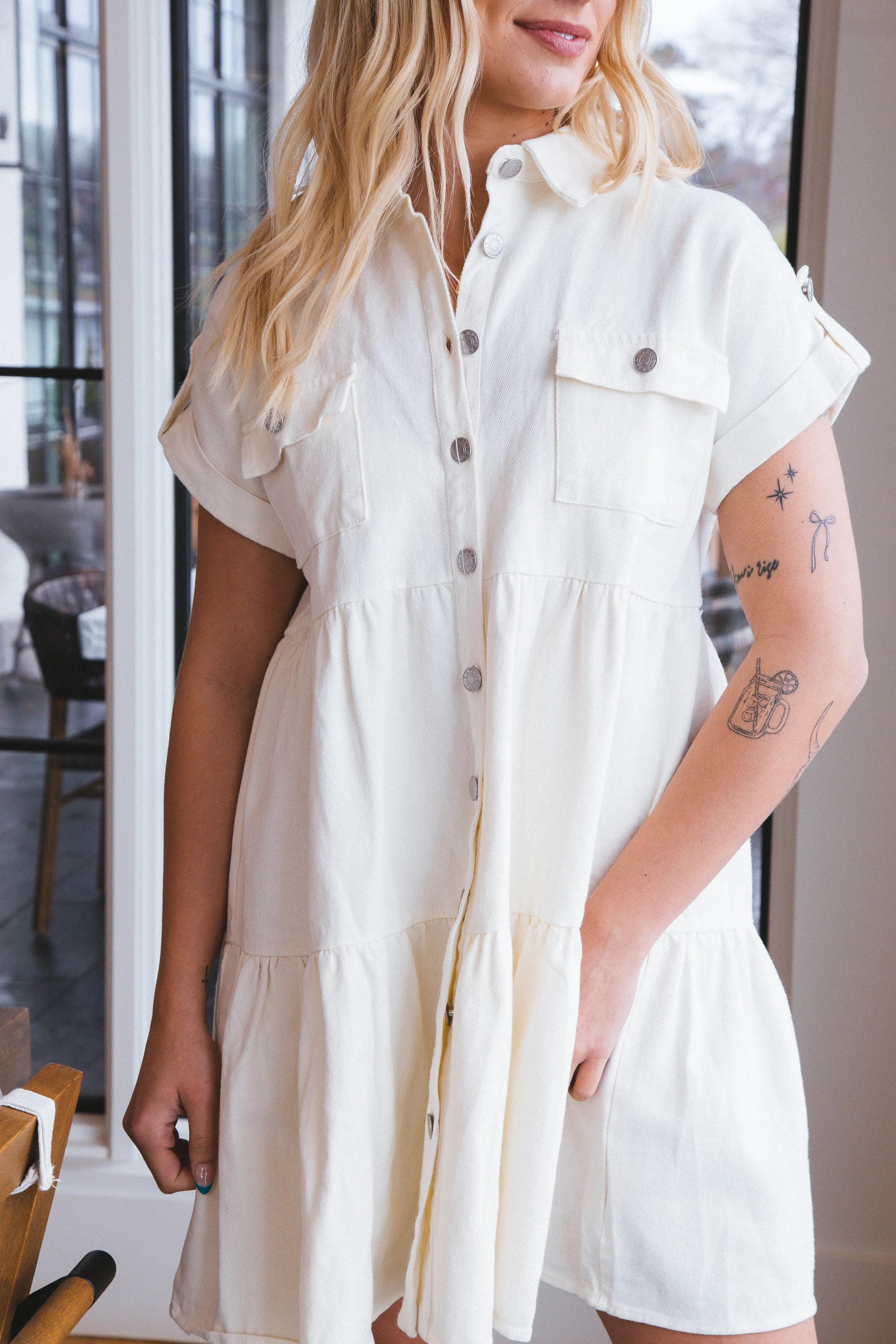 Faith Denim Button Up Dress, Off White