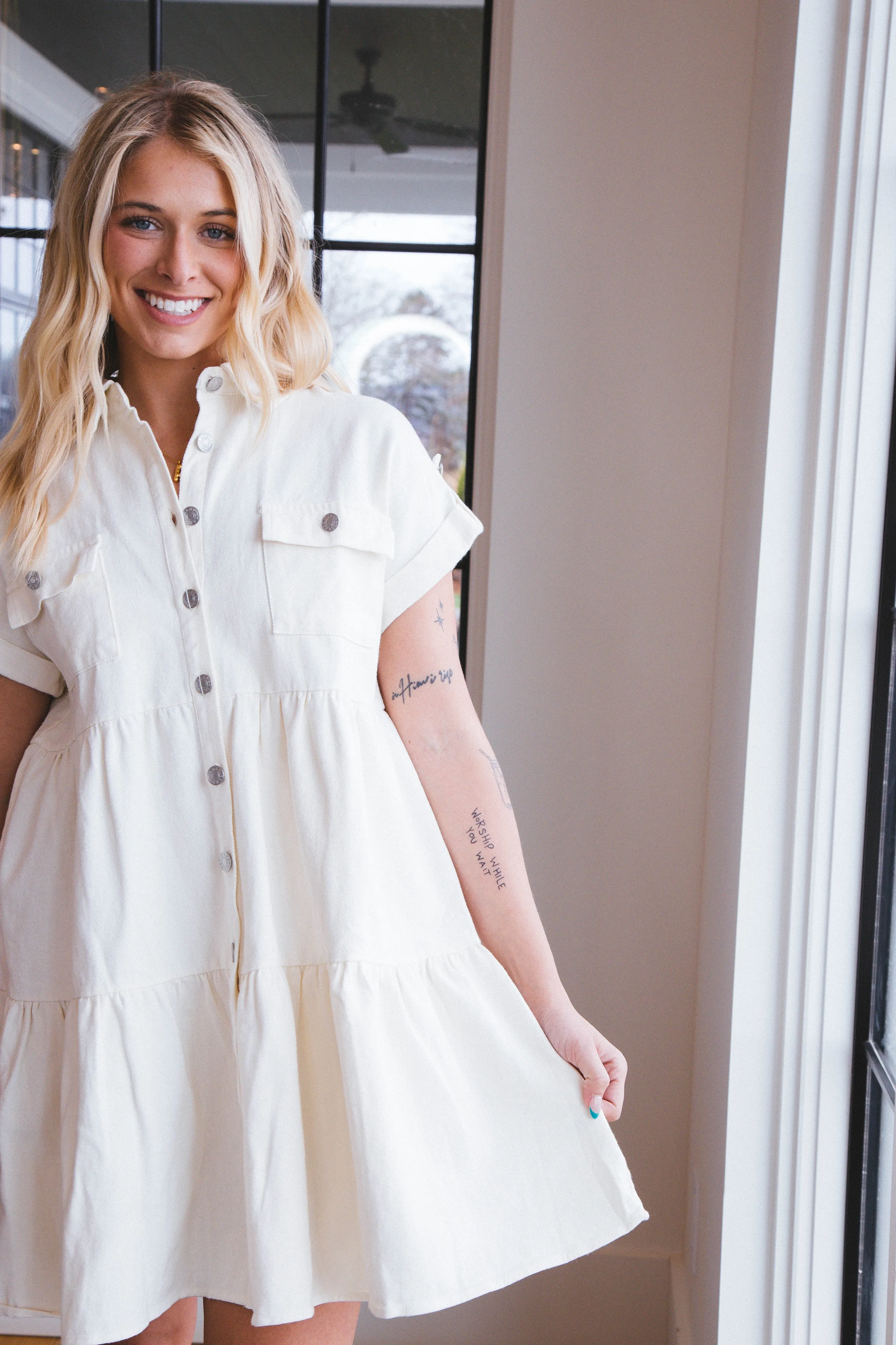 Faith Denim Button Up Dress, Off White