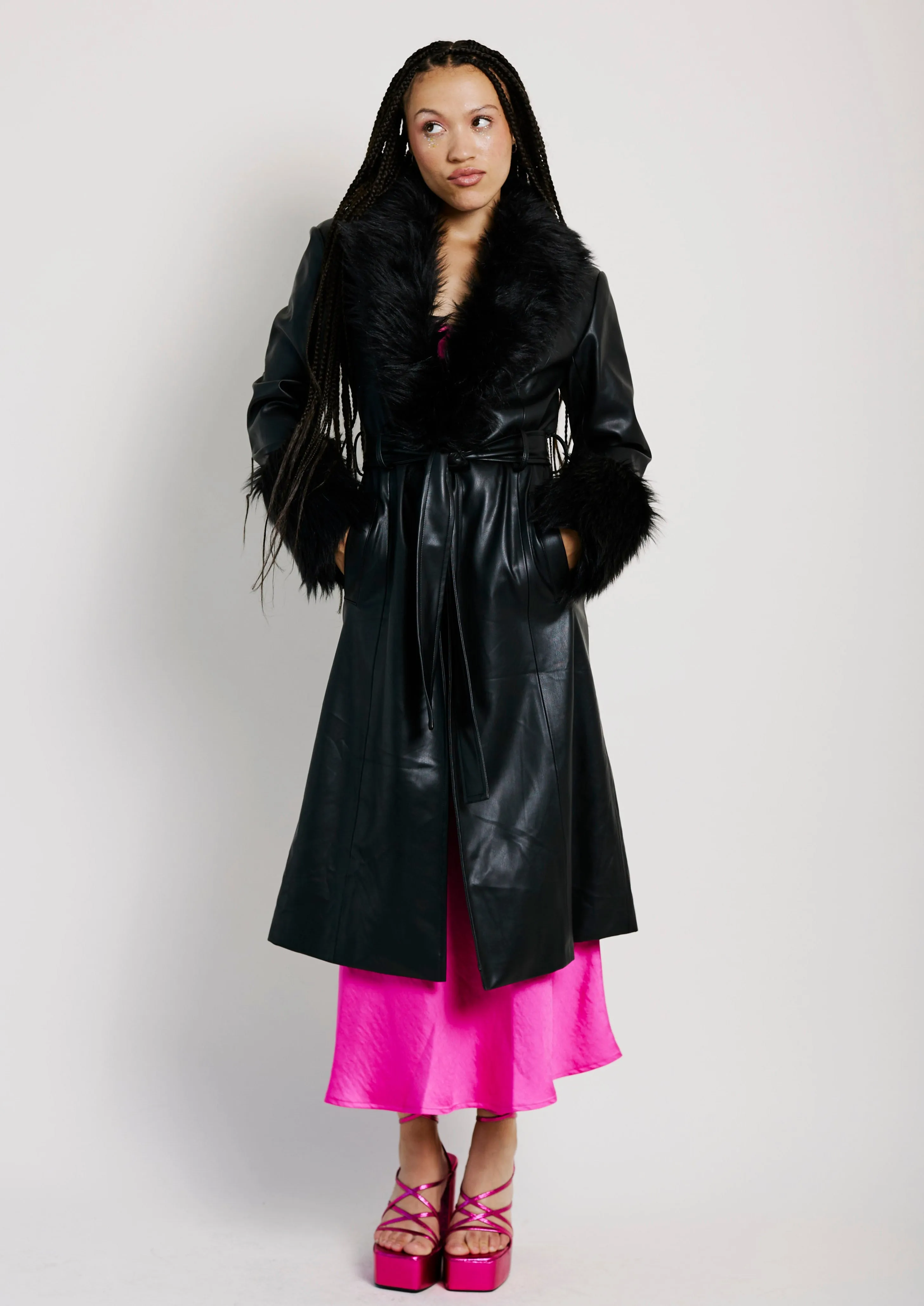 Faux Leather with Fur Collar and Cuff in Black