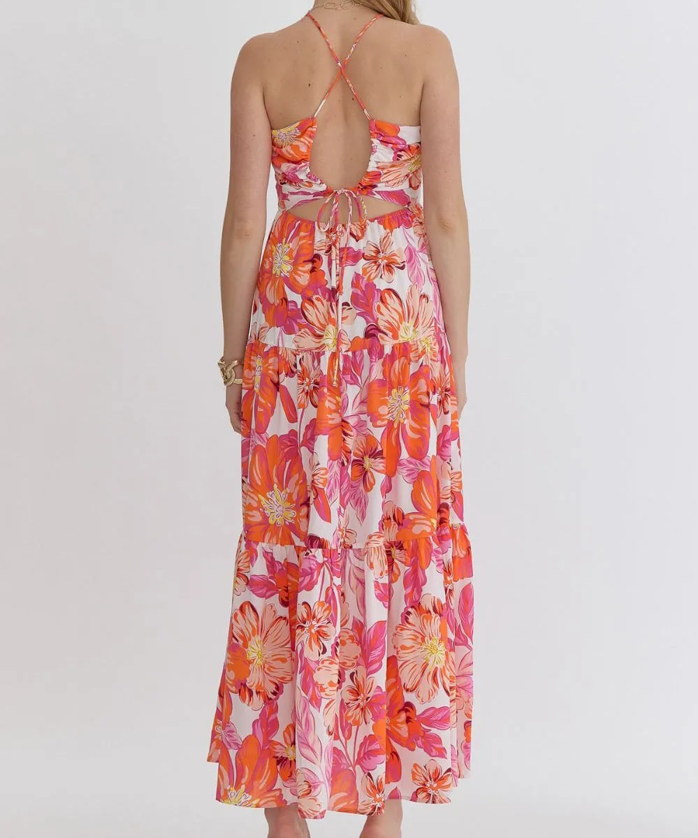 Floral Halter Neck Maxi Dress - Orange