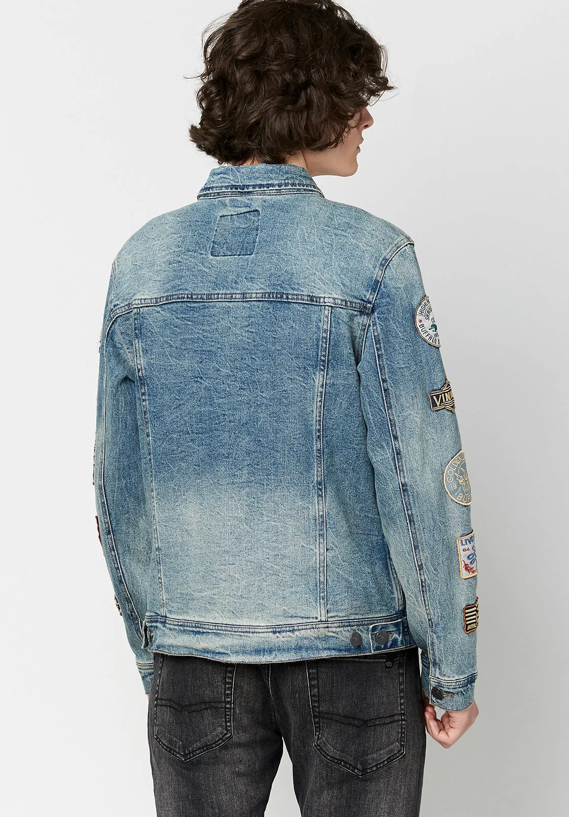 Joe Patched Men's Jean Jacket in Blue Vintage and Worn - BM22143