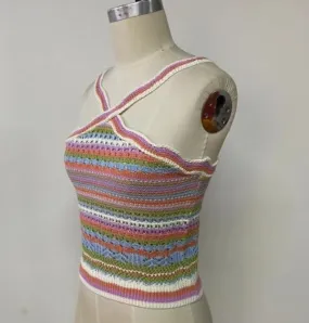 Jr Tank Top - Pink - Multi Criss Cross Striped Crochet Halter Top