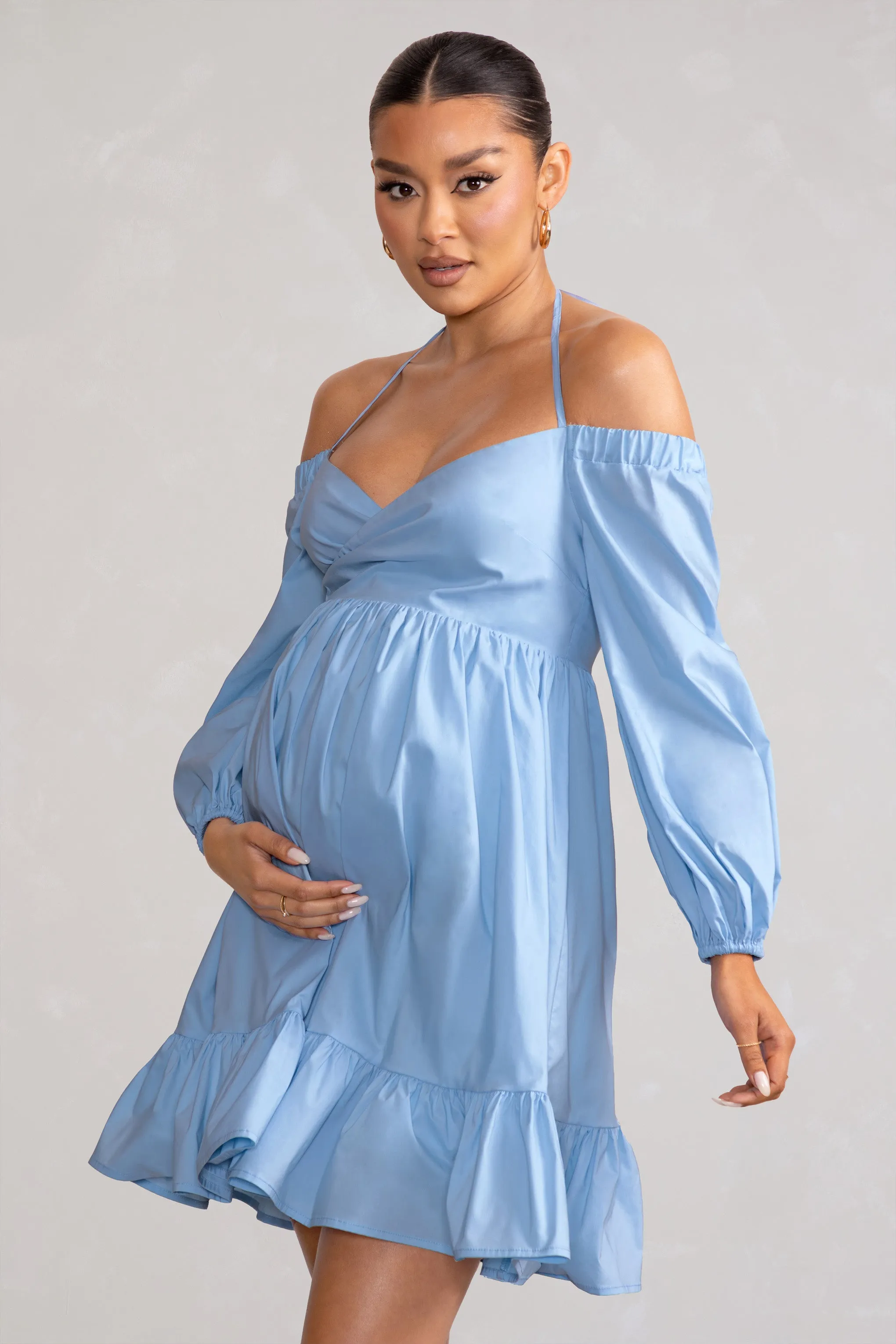 Kyra | Powder Blue Babydoll Maternity Mini Dress with Long Cold Shoulder Puff Sleeves