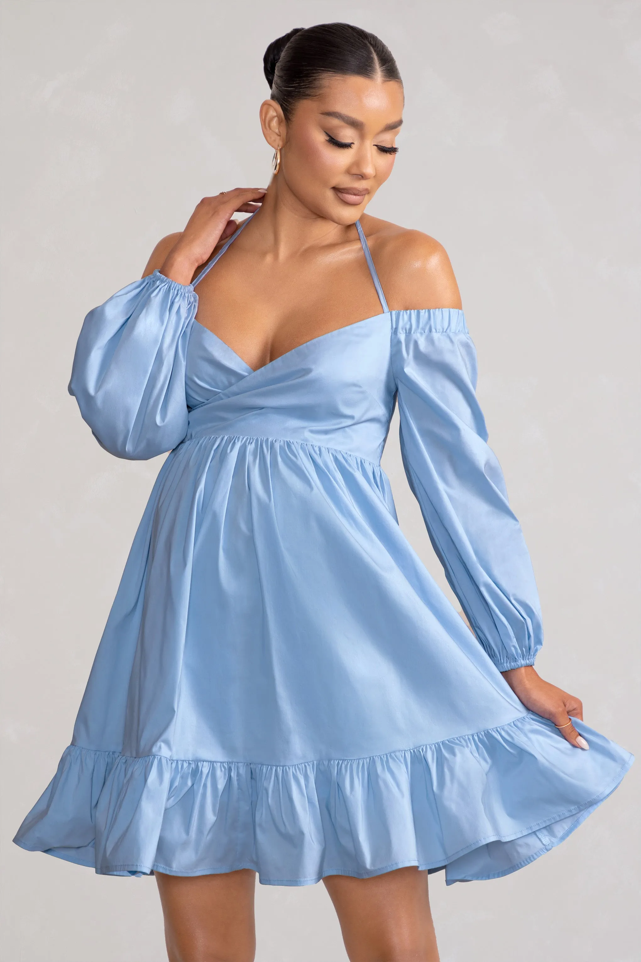 Kyra | Powder Blue Babydoll Maternity Mini Dress with Long Cold Shoulder Puff Sleeves