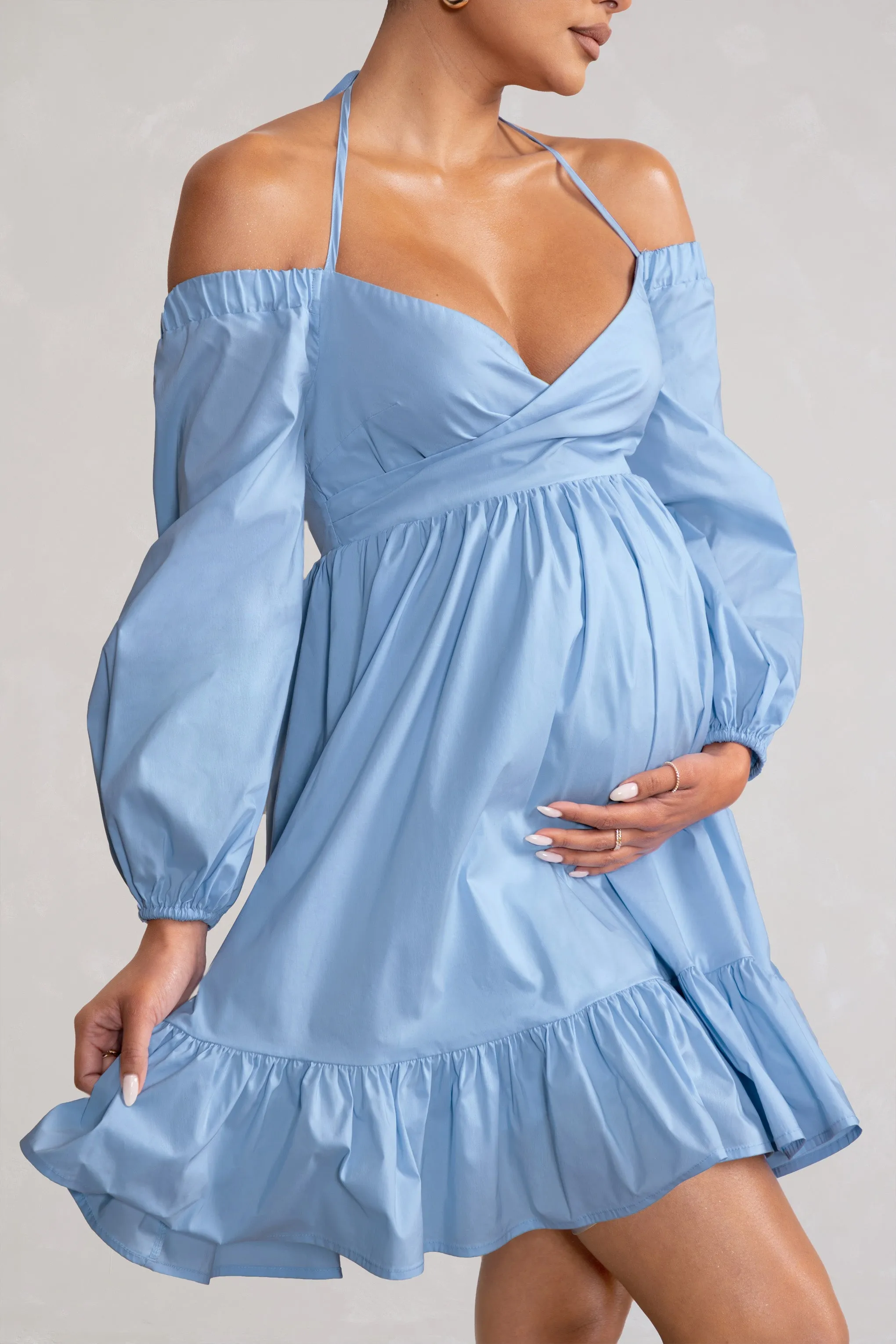 Kyra | Powder Blue Babydoll Maternity Mini Dress with Long Cold Shoulder Puff Sleeves