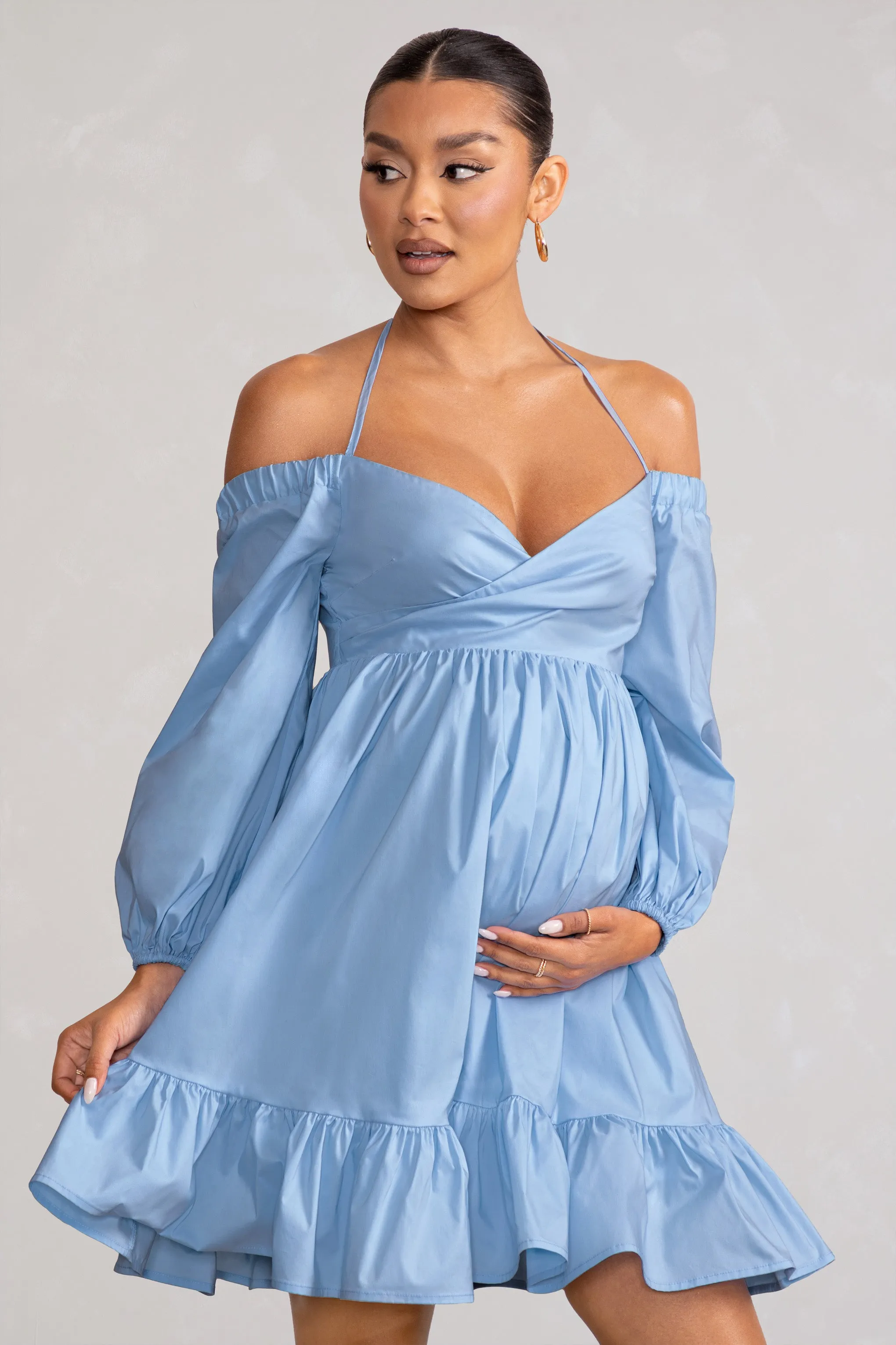 Kyra | Powder Blue Babydoll Maternity Mini Dress with Long Cold Shoulder Puff Sleeves