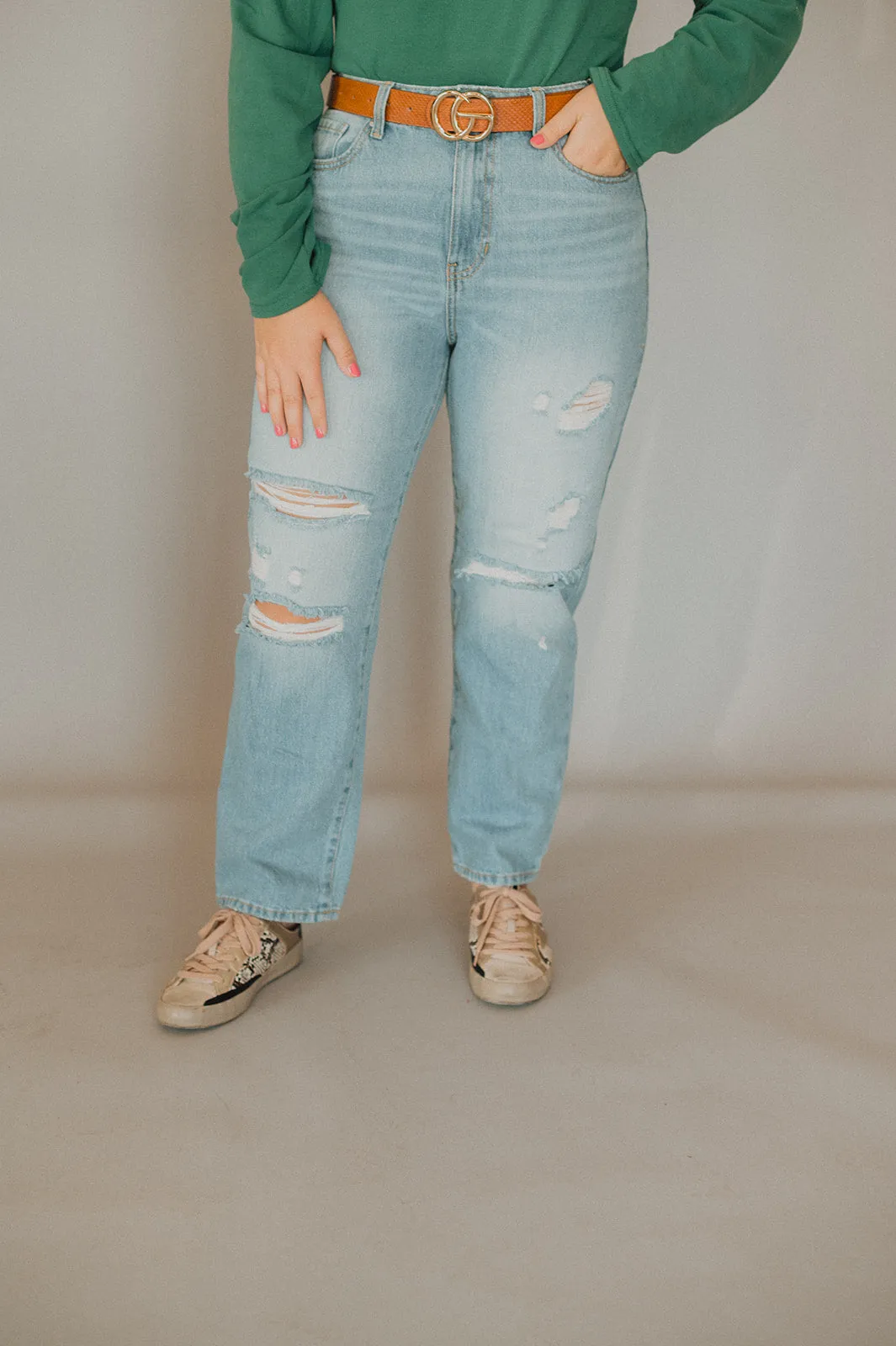 Light Wash Light Distress Straight Jean