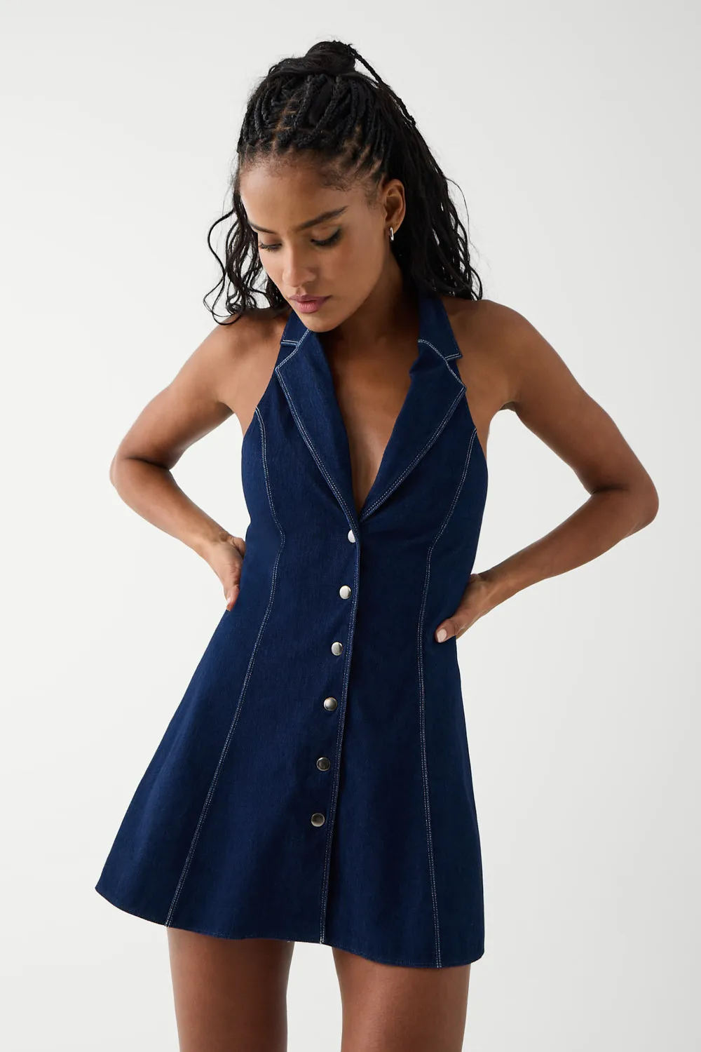 Moonlight Denim Halter Dress - Blue Denim