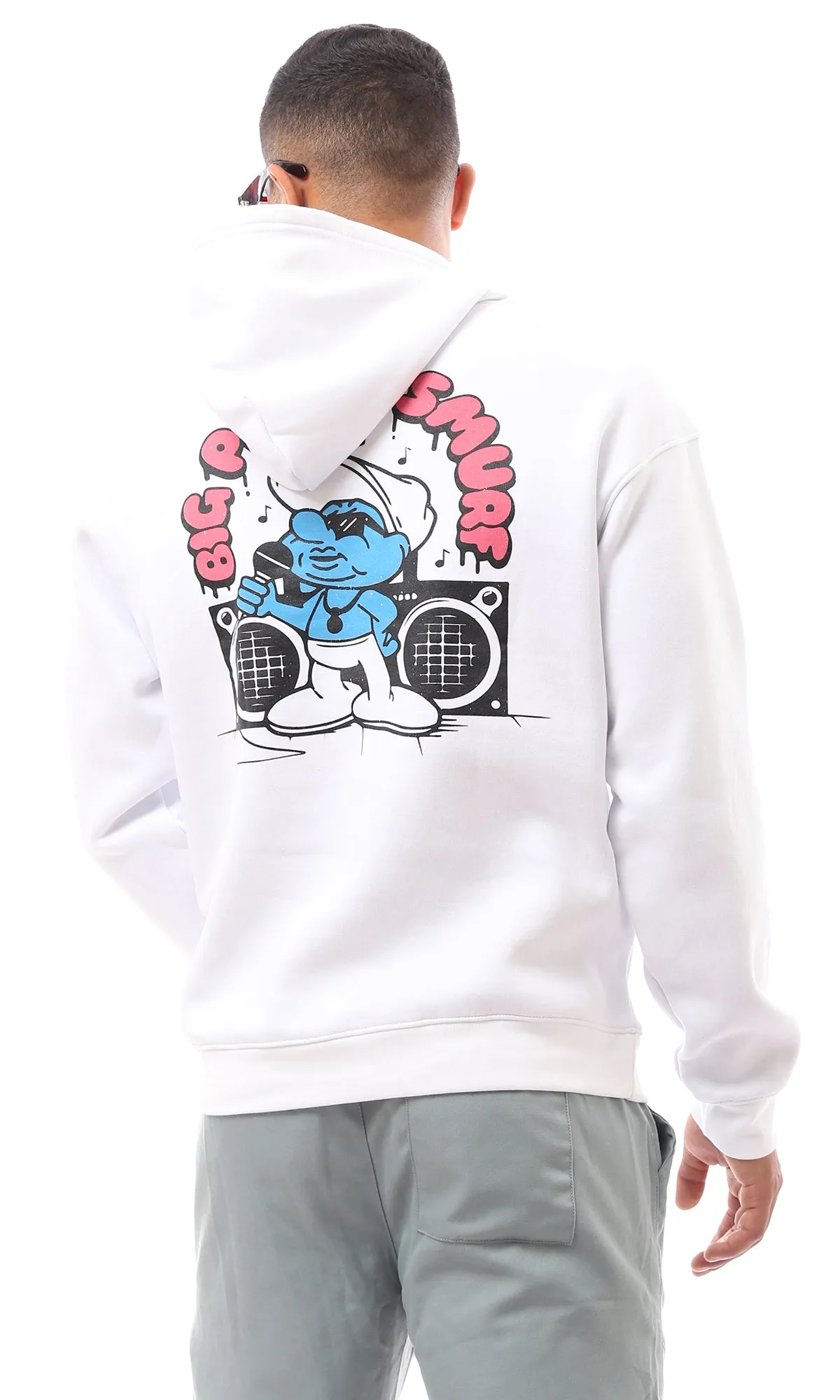 O173980 Long Sleeves Printed Smurf White Hoodie