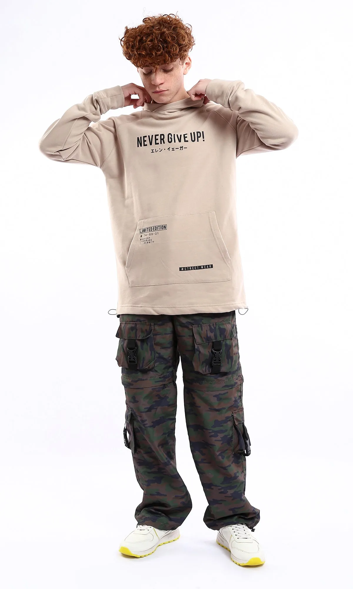 Never Give Up Beige Printed Slip-On Hoodie for Effortless Style and Comfort