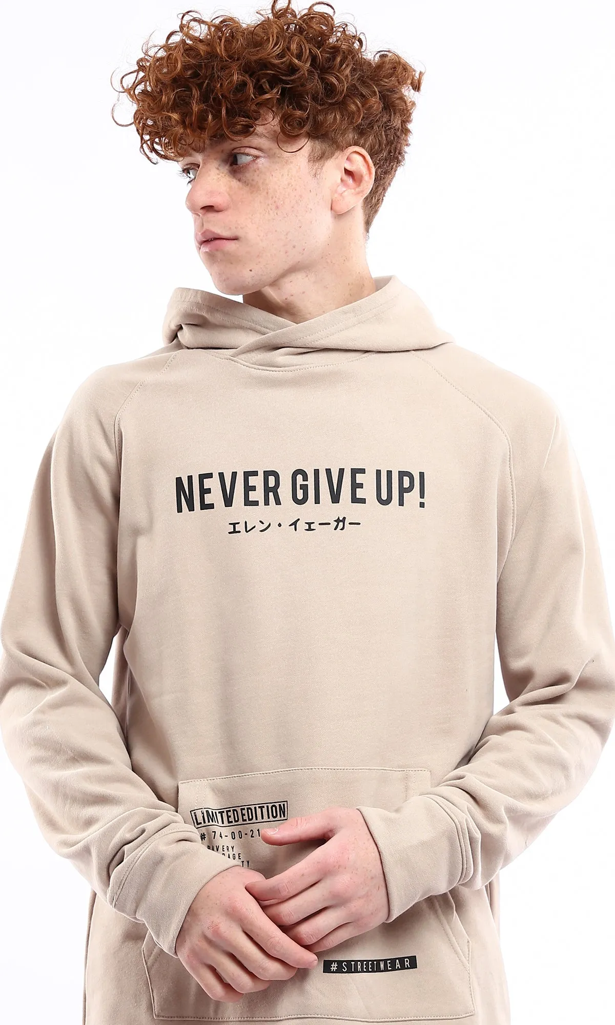 Never Give Up Beige Printed Slip-On Hoodie for Effortless Style and Comfort