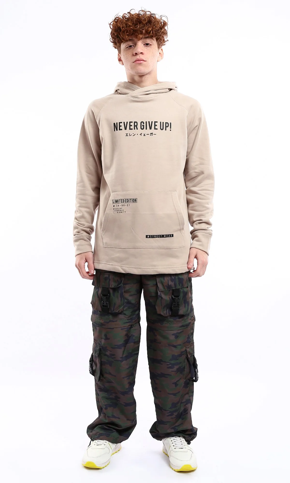 Never Give Up Beige Printed Slip-On Hoodie for Effortless Style and Comfort