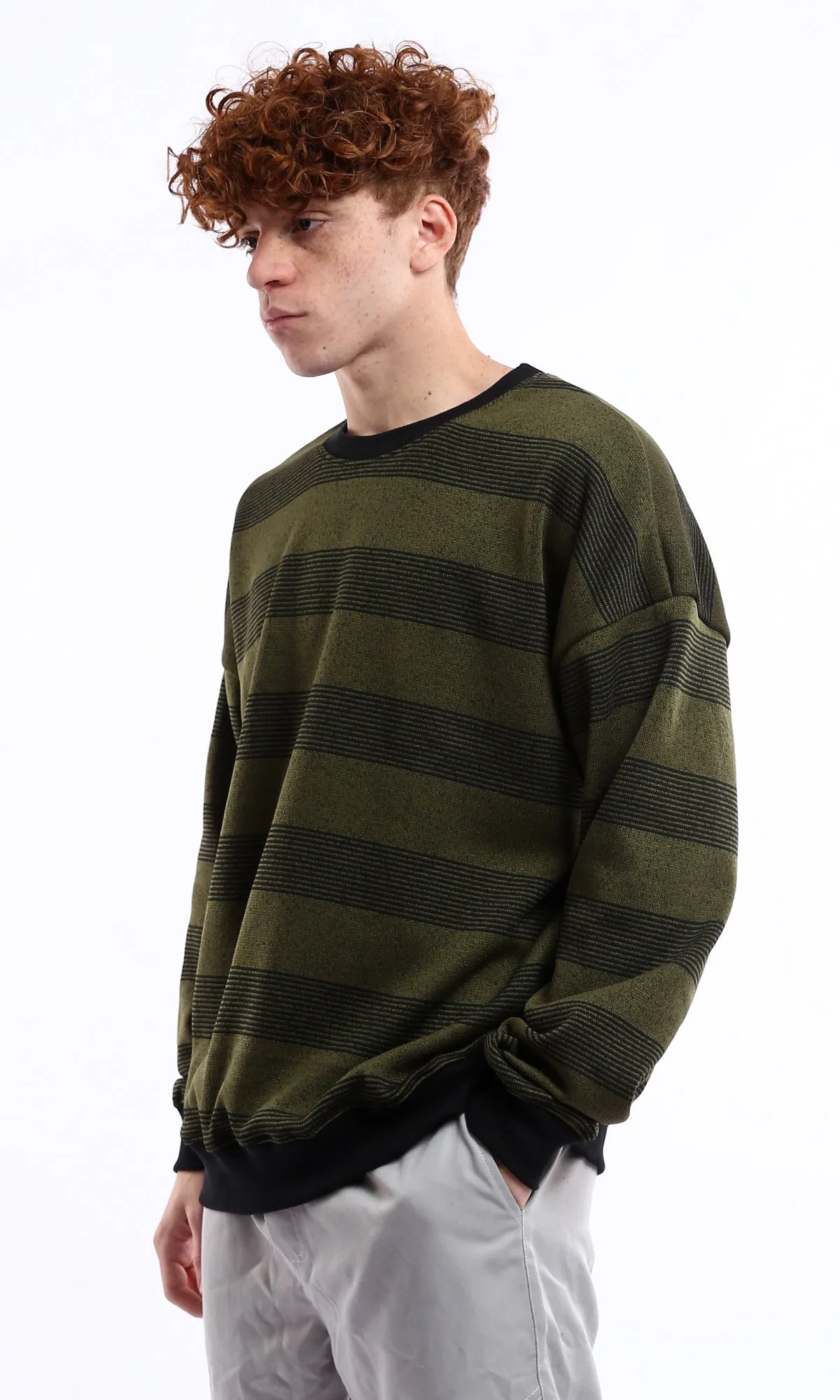 O177884 Black & Olive Striped Coziness Slip On Sweatshirt