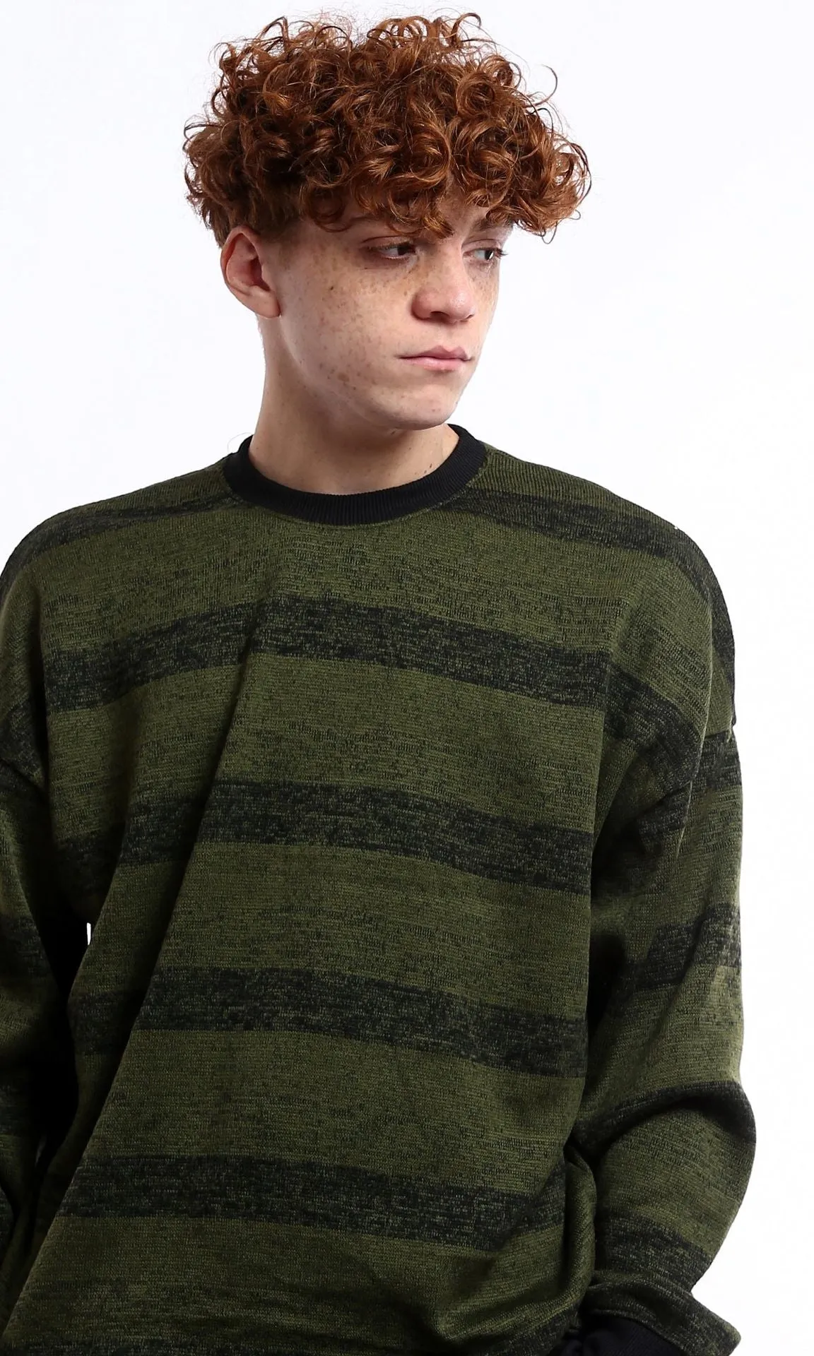 O178413 Striped Black & Olive Coziness Slip On Sweatshirt