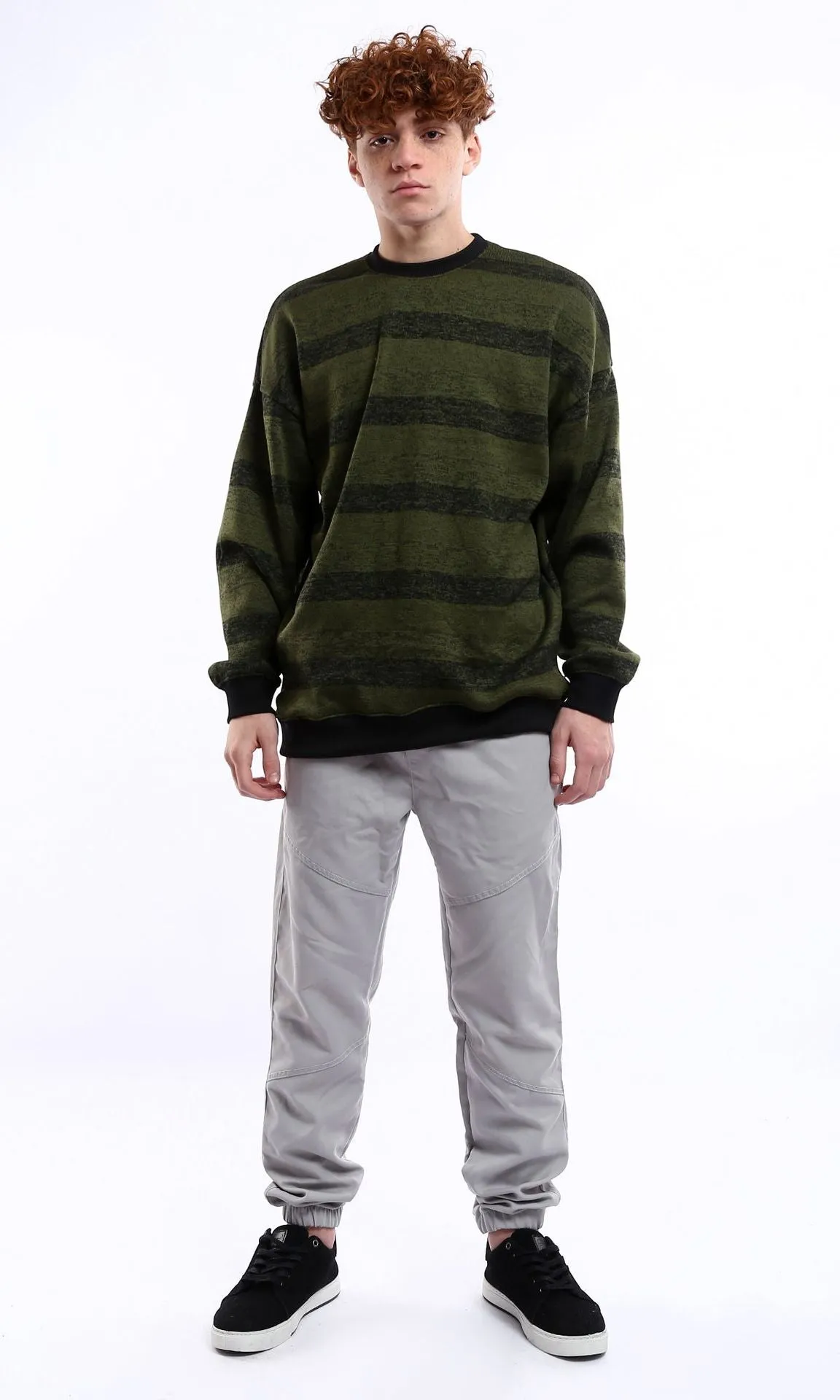 O178413 Striped Black & Olive Coziness Slip On Sweatshirt