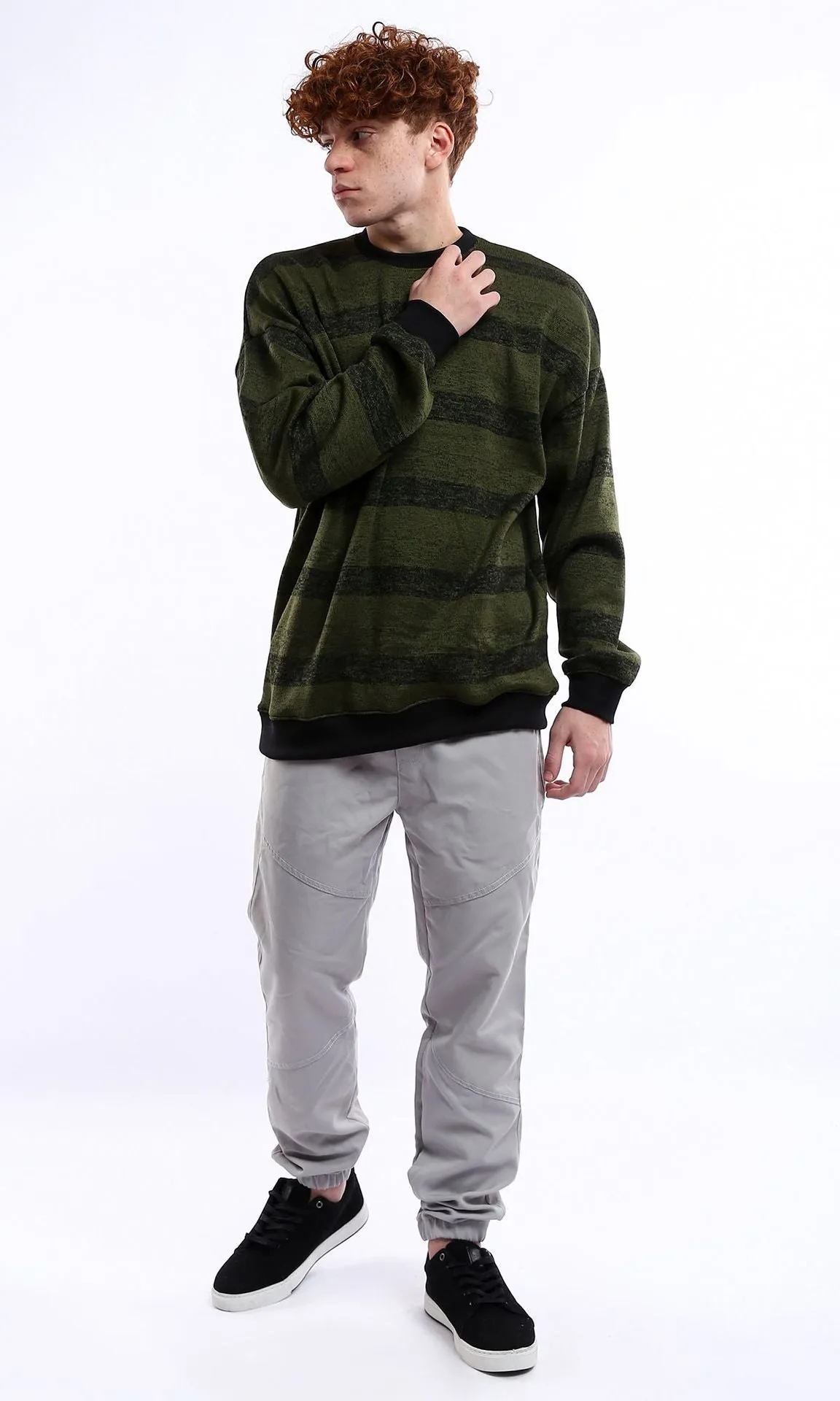 O178413 Striped Black & Olive Coziness Slip On Sweatshirt