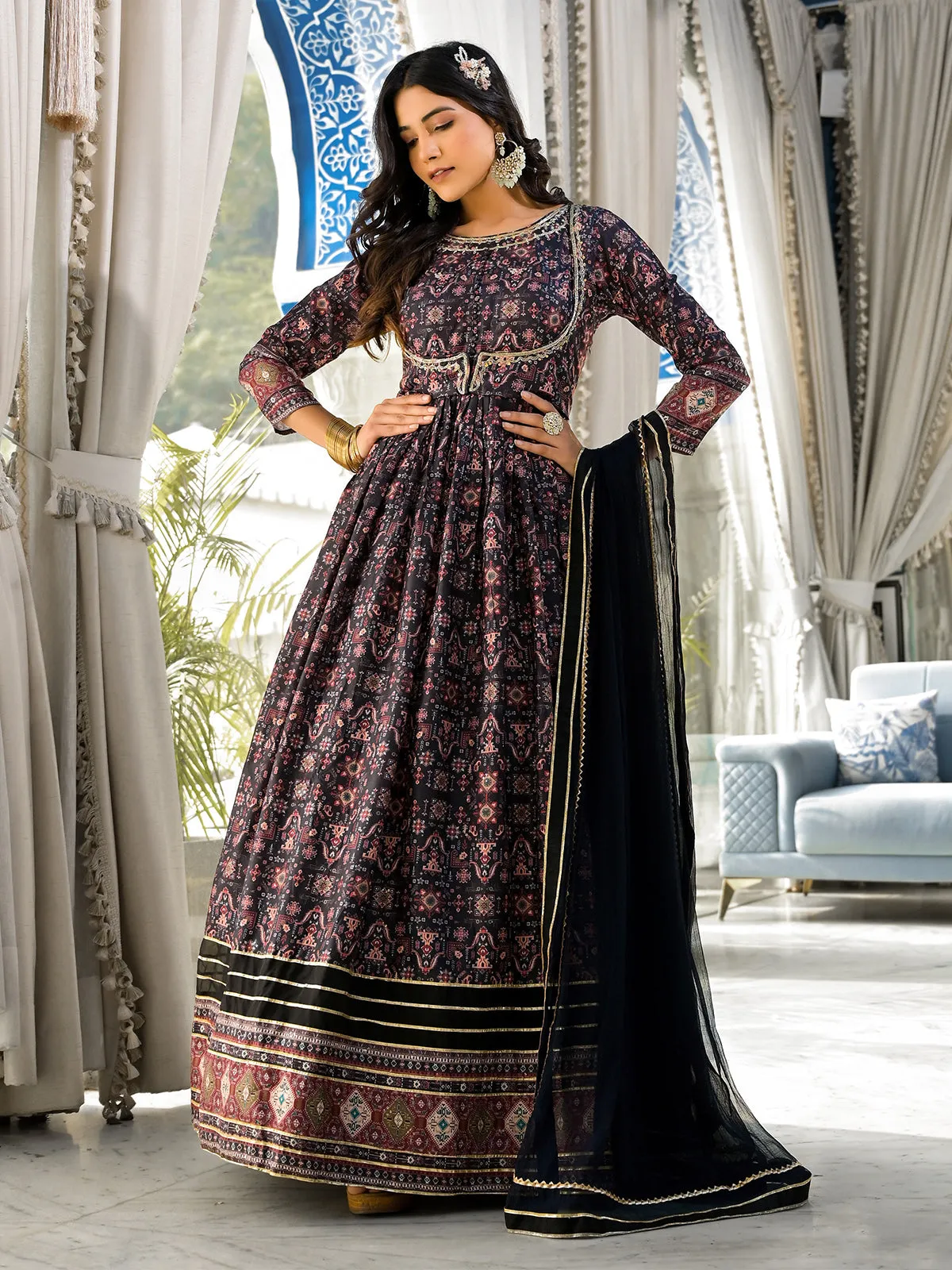 Odette Black Printed Dola Silk Gown with Dupatta For Women