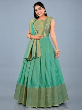 Odette Women Light Green Banarasi Silk Woven Stitched Gown