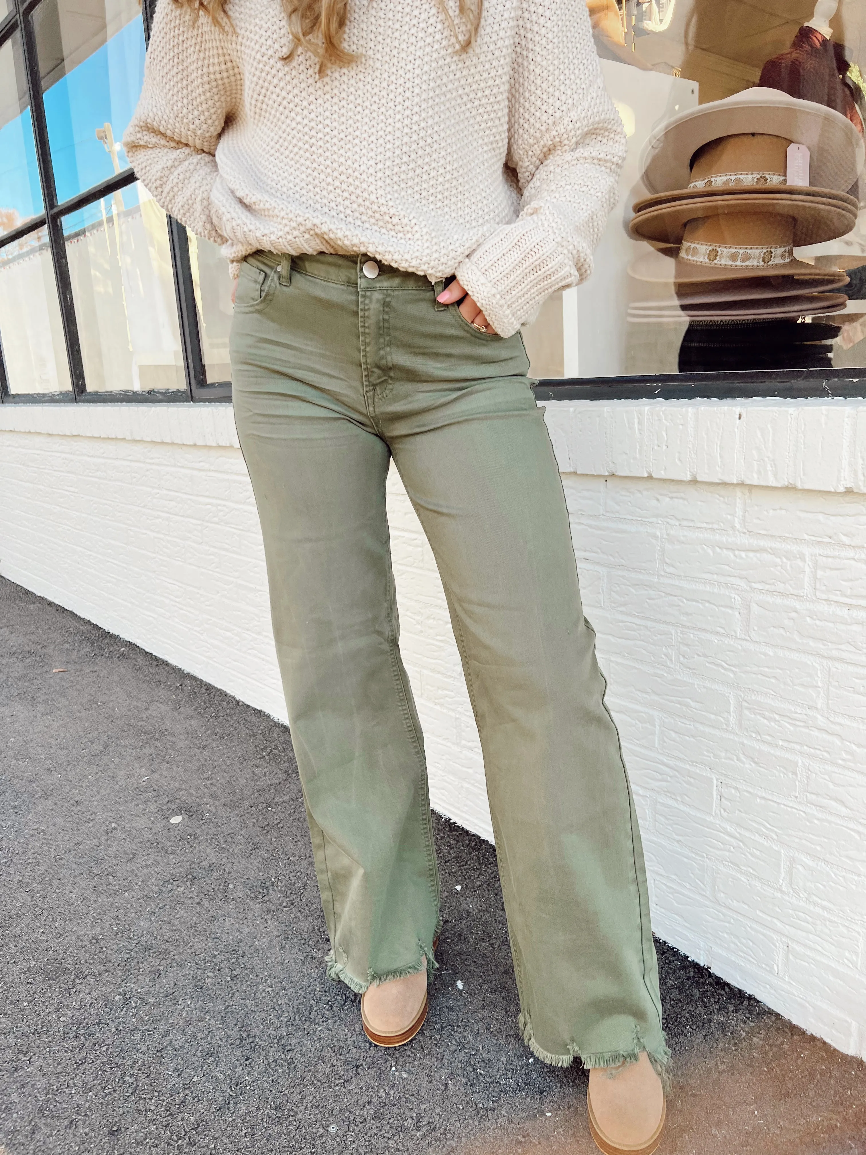 Olive Hi-Rise Wide Leg Jeans