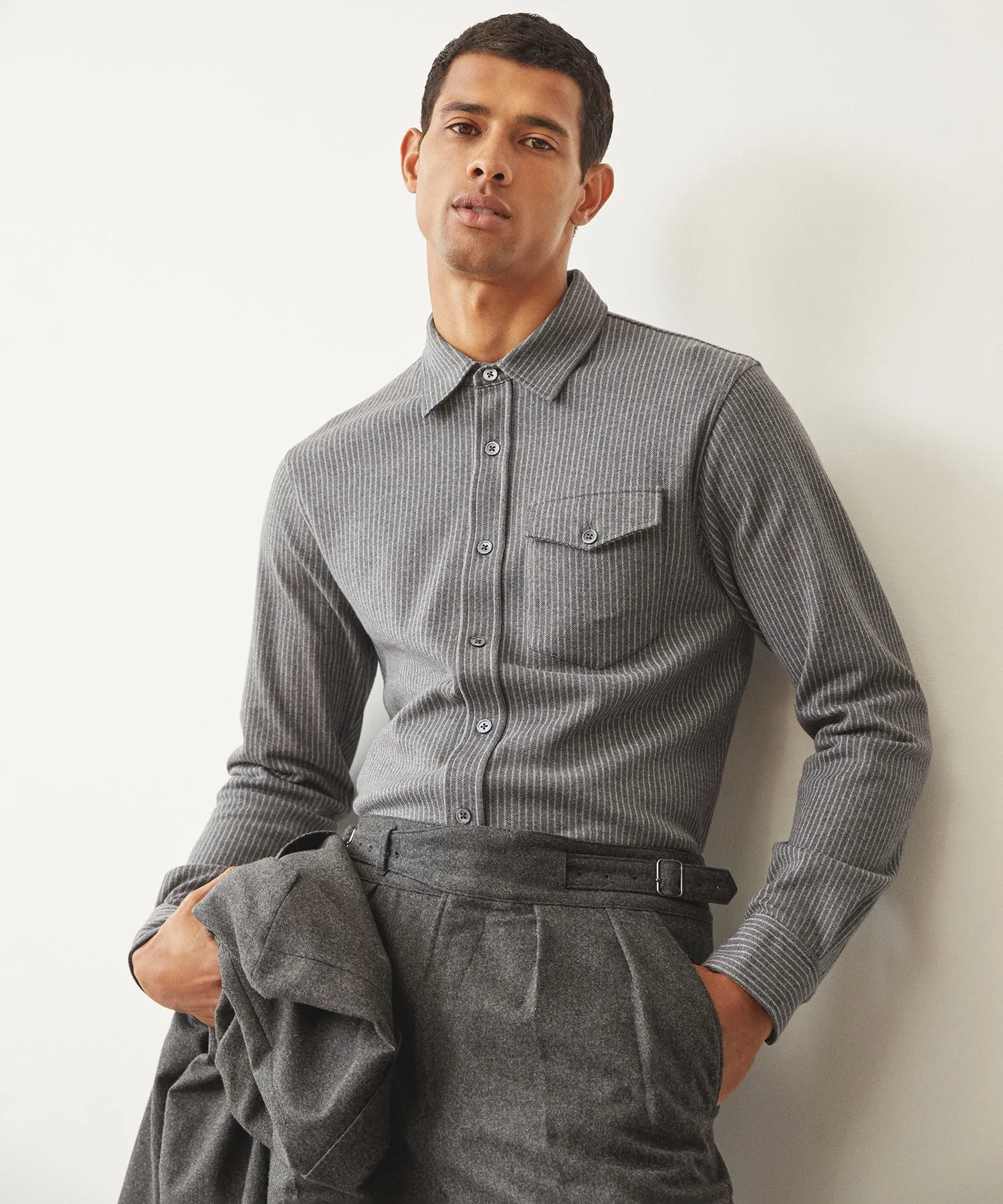 Pinstripe Full-Placket Knit Shirt in Grey