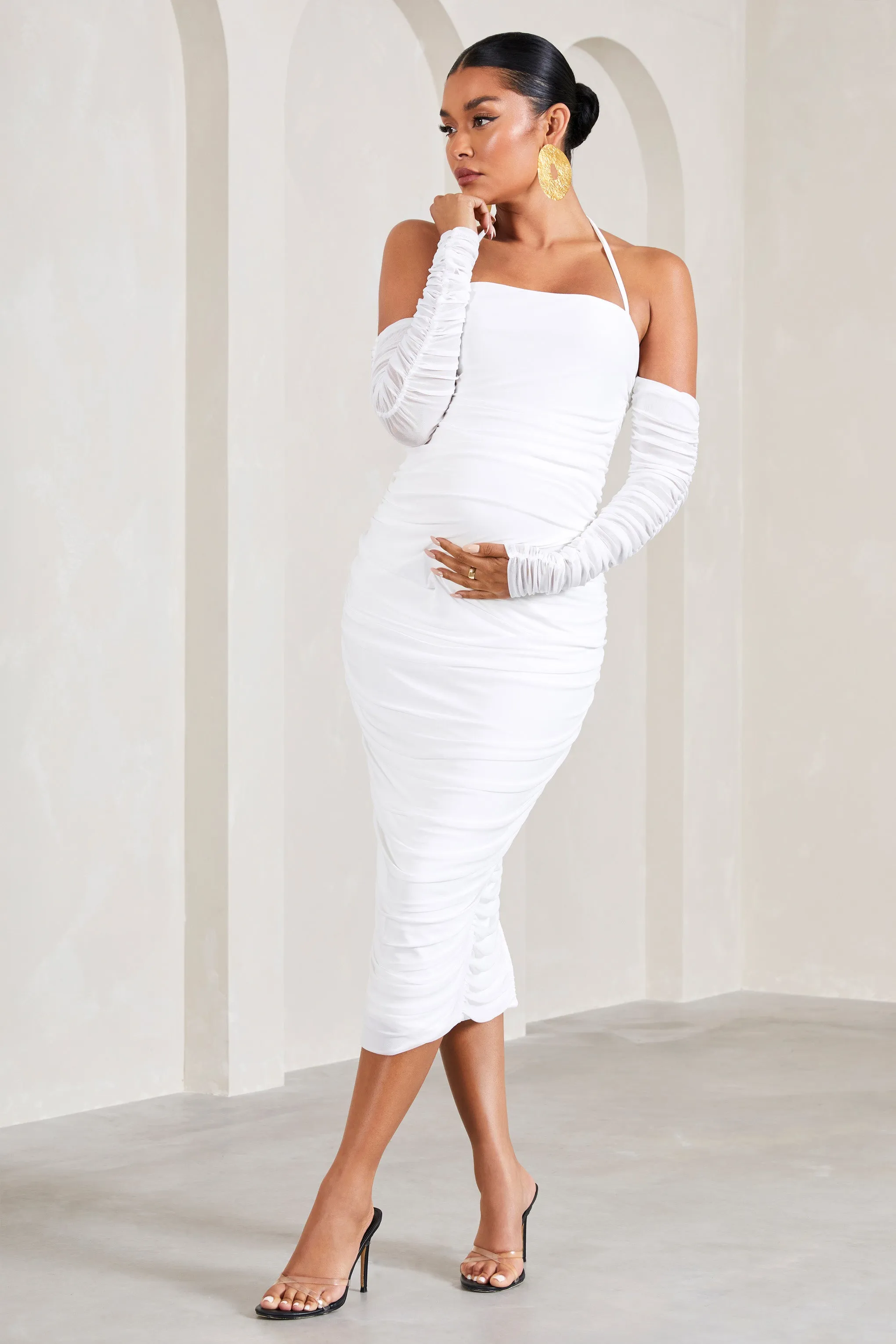 Pixie | White Ruched Long-Sleeved Halter-Neck Maternity Midi Dress