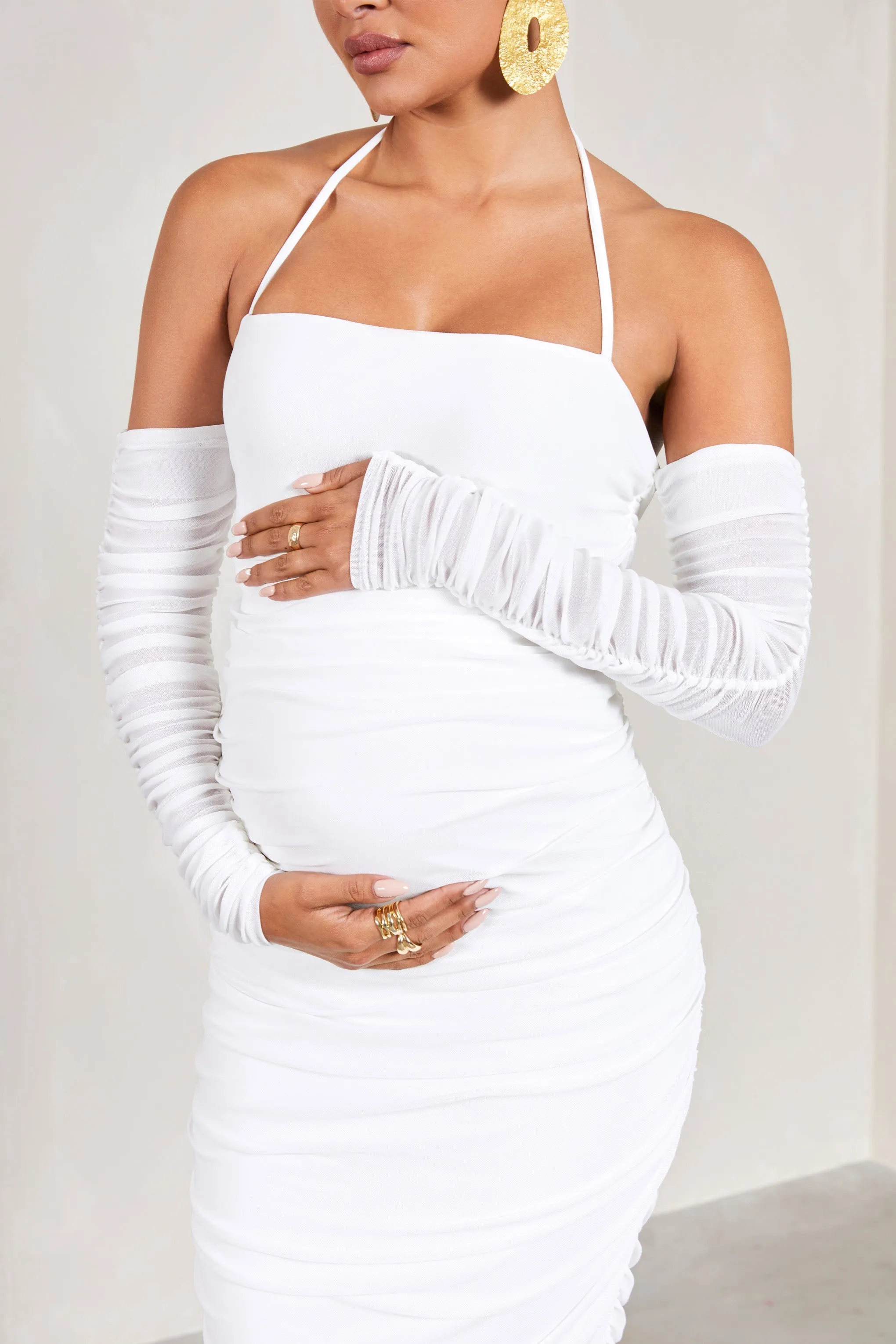 Pixie | White Ruched Long-Sleeved Halter-Neck Maternity Midi Dress