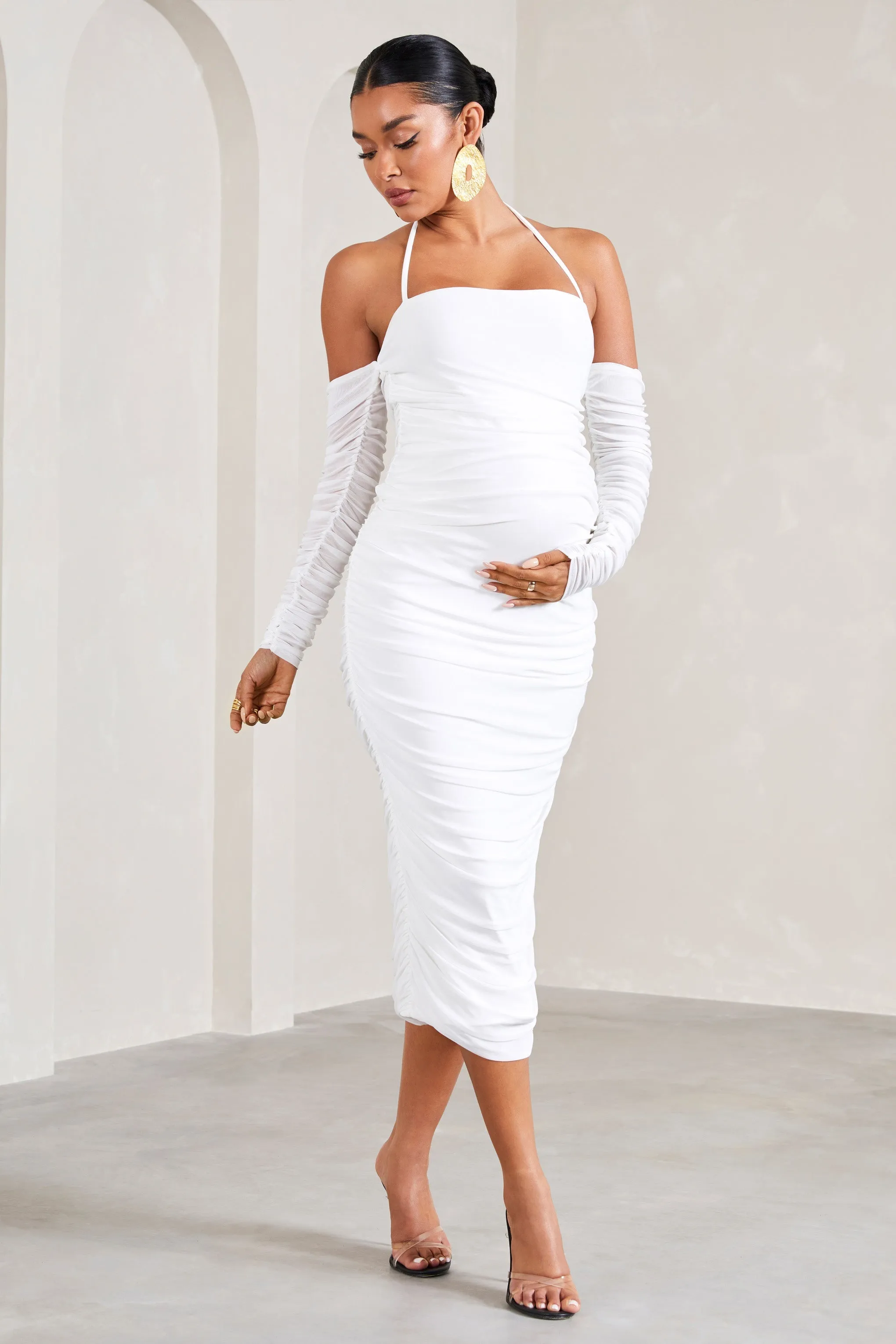 Pixie | White Ruched Long-Sleeved Halter-Neck Maternity Midi Dress