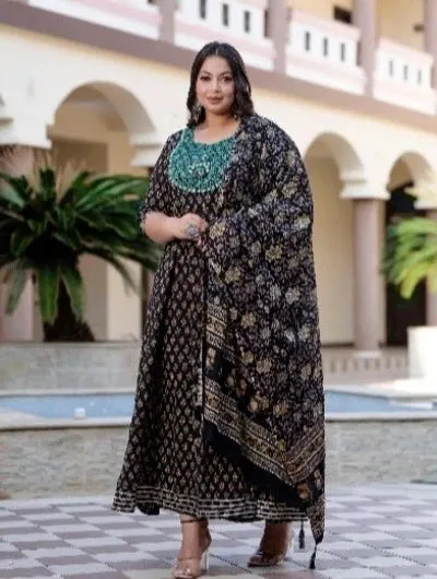 Plus Size Anarkali Black seagreen  Kurti Dupatta Set of 2